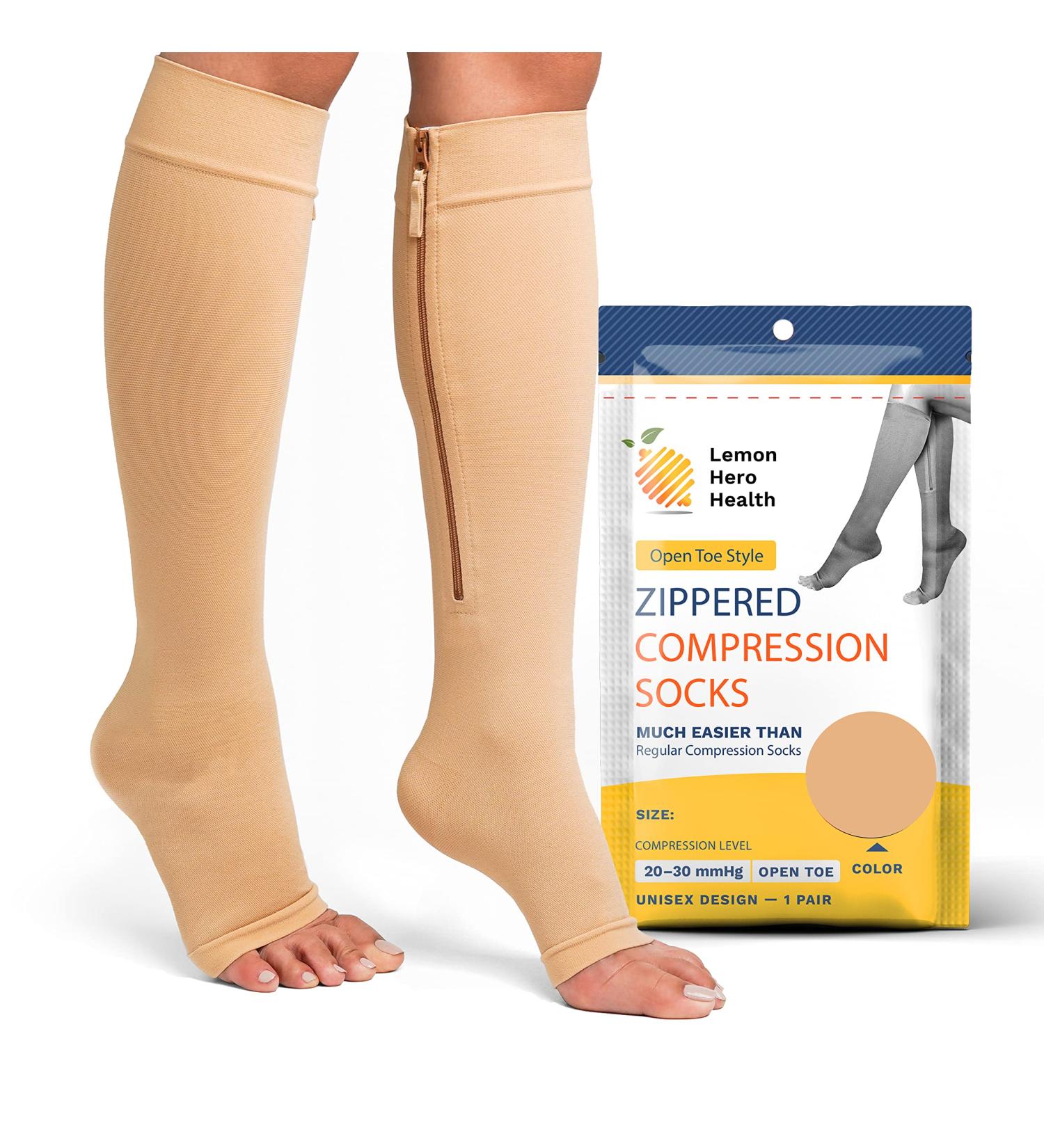 Zipper Compression Socks 20-30mmHg Open Toe with Zip Guard - Medical Grade, 2XL Beige XX-Large - Buy Online on GoSupps.com