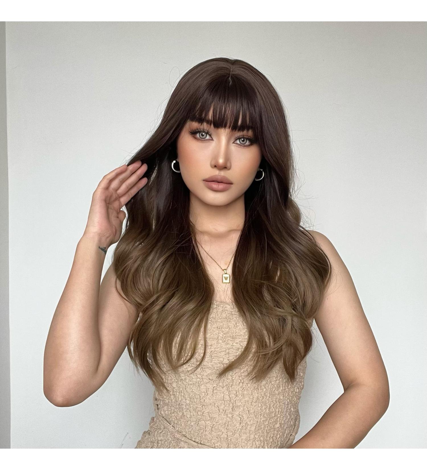 EMMOR Brown Long Curly Wig with Bangs - Heat Resistant Natural-Looking Synthetic Hair - Buy Online on GoSupps.com