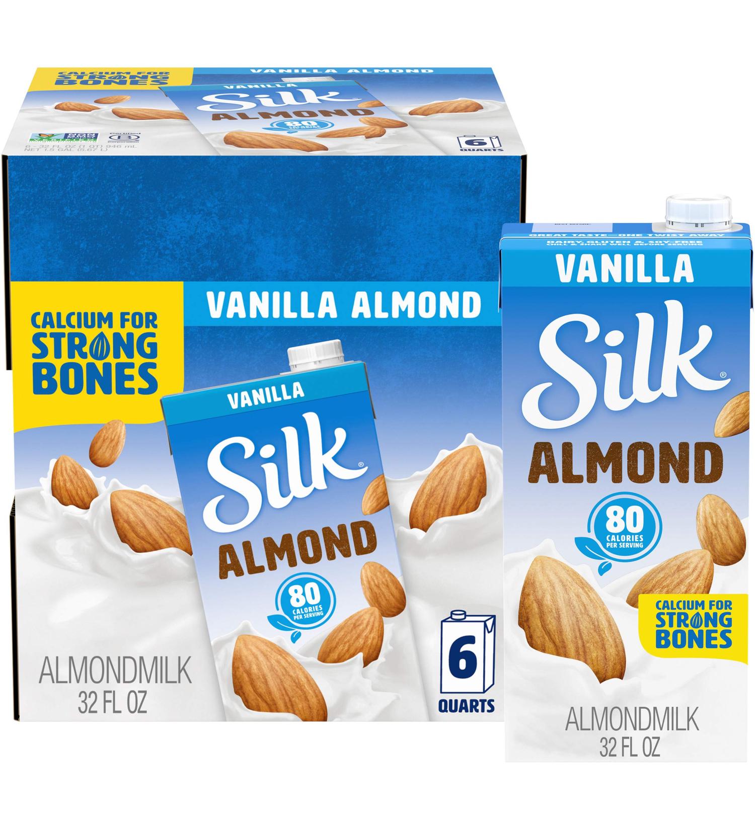 Silk Almond Milk Vanilla - Dairy-Free, Non-GMO, 6 Pack (1 Qt Each) - Buy Online on GoSupps.com
