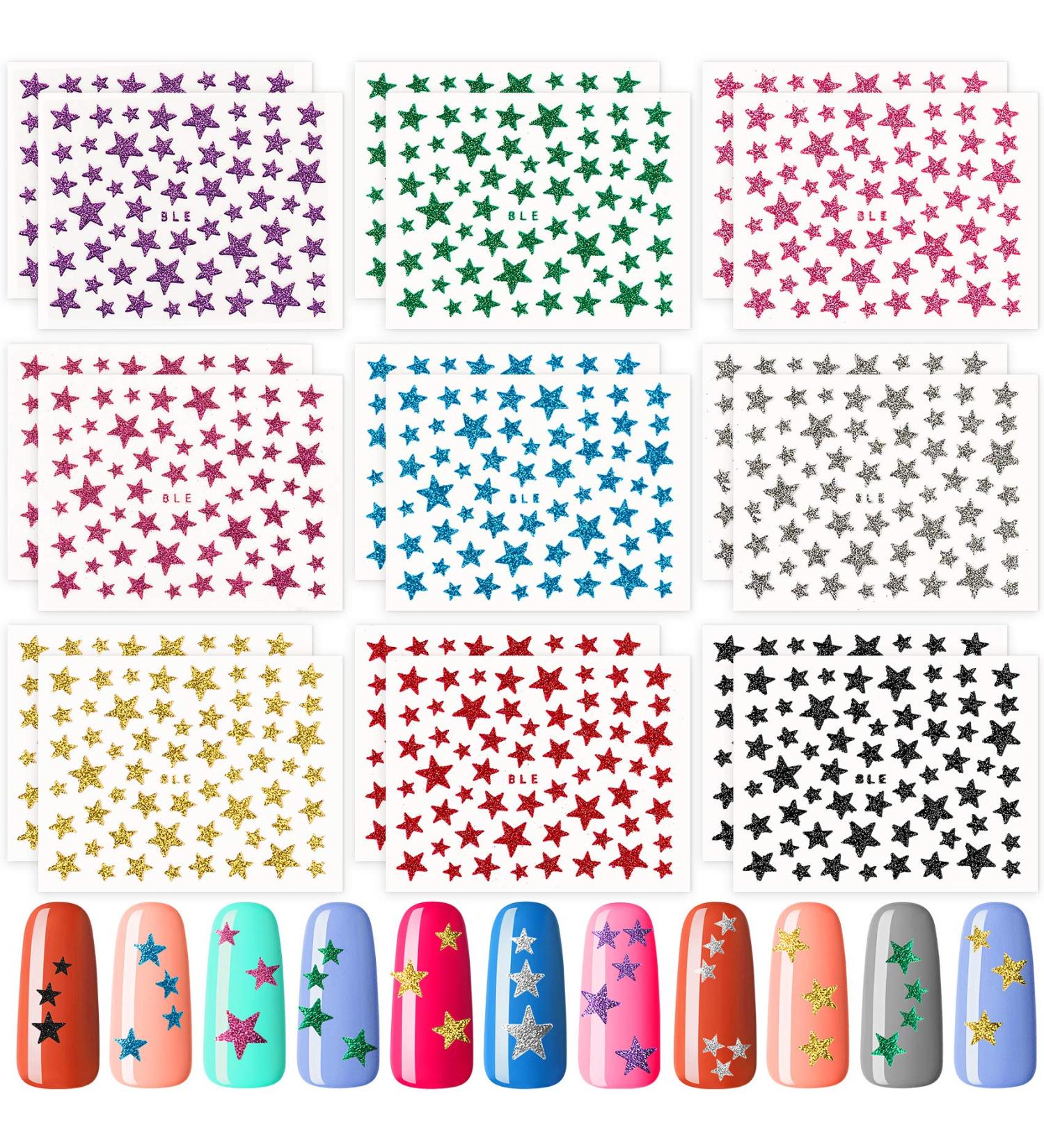 PAGOW 18 Sheets Glitter Star Nail Art Sticker Set - Holographic Self Adhesive Decals for Manicure, Face, Body - Christmas Decoration, DIY Crafts - 9 Colors - Buy Online on GoSupps.com