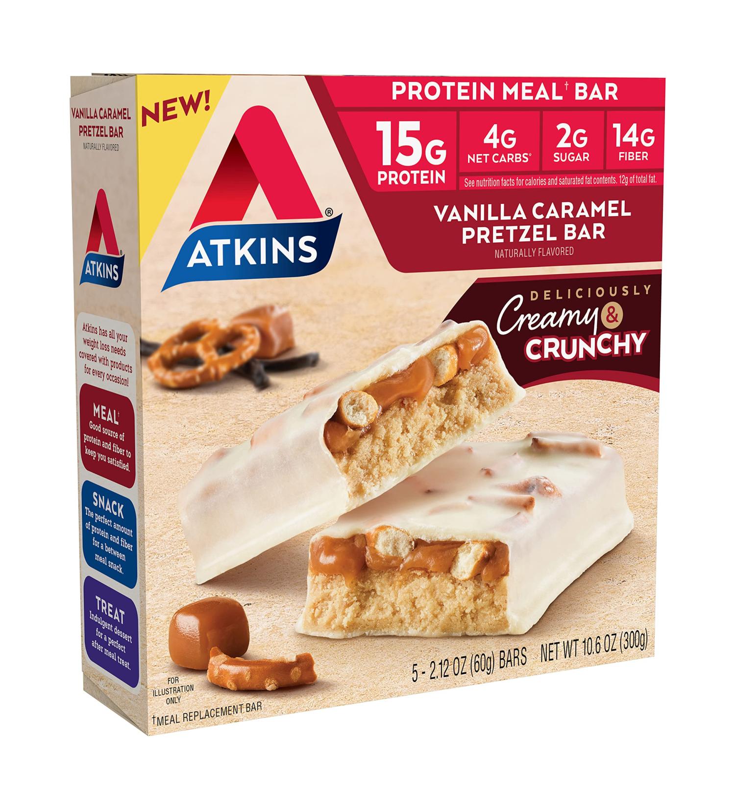 Atkins Vanilla Caramel Pretzel Protein Meal Bar - Keto Friendly - 5 Count - Buy Online on GoSupps.com