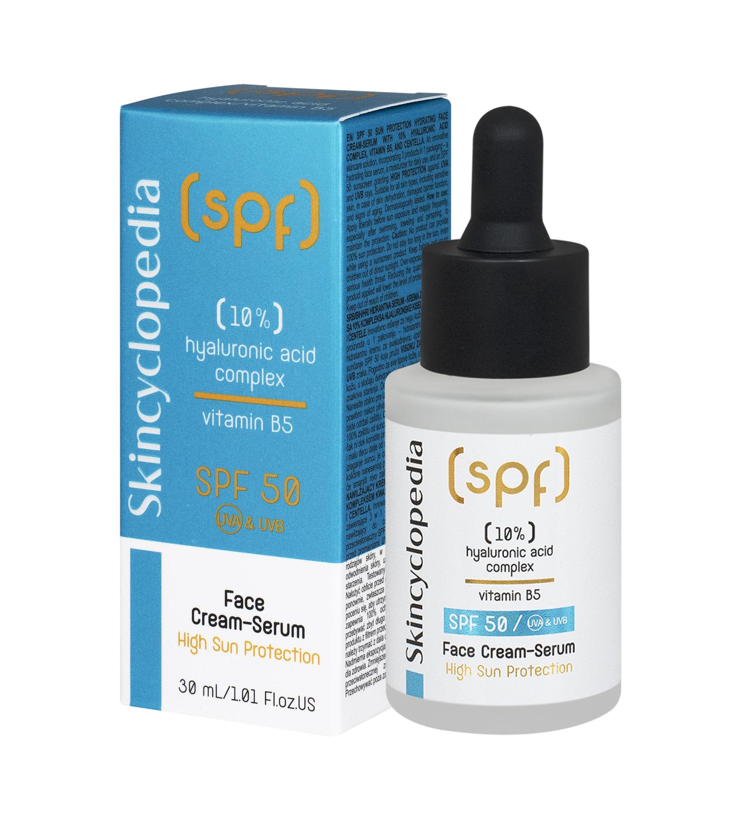 Skincyclopedia SPF 50 Face Moisturiser Sunscreen with 10% Hyaluronic Acid Complex Ground-breaking SPF 50 Sun Cream Serum for Very High UV Protection and Concentrated Hydration 30ml - Buy Online on GoSupps.com