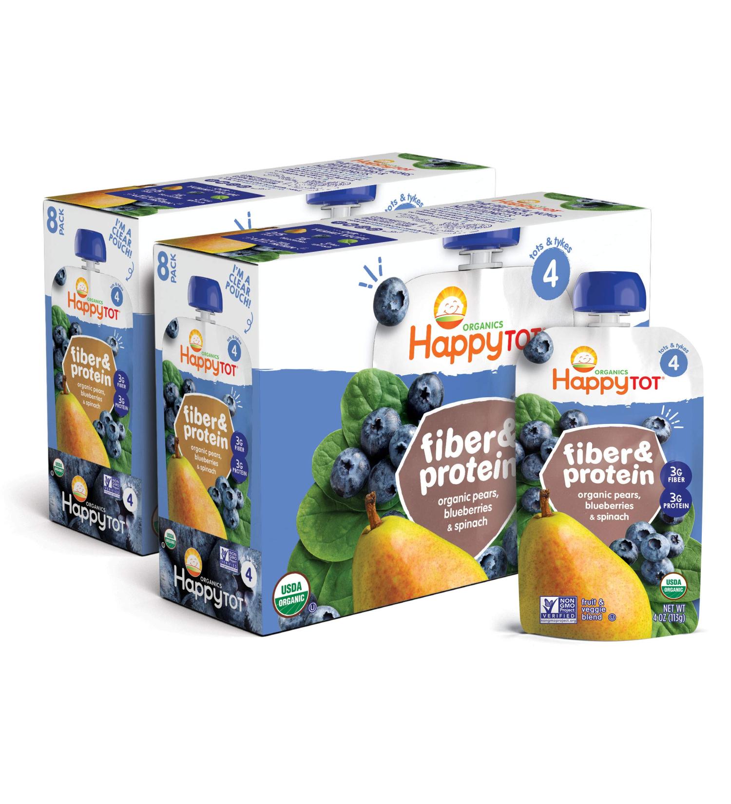 Happy Tot Organics Stage 4 Fiber & Protein Pears Blueberries & Spinach 4oz (Pack of 16) | Organic Baby Food - Buy Online on GoSupps.com