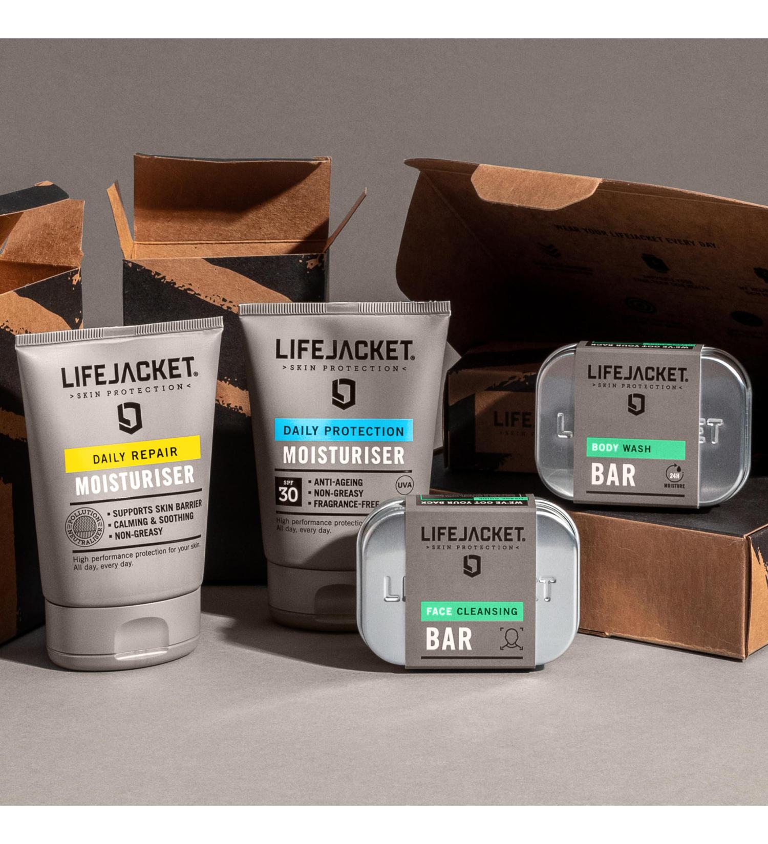 LifeJacket Daily Protection Set - SPF30 Moisturiser Repair Hydration Face Cream Body Wash Shower Bar & Face Cleansing Bar. Anti Ageing Skincare Gift Set Clinically Approved for Sensitive Skin - Buy Online on GoSupps.com