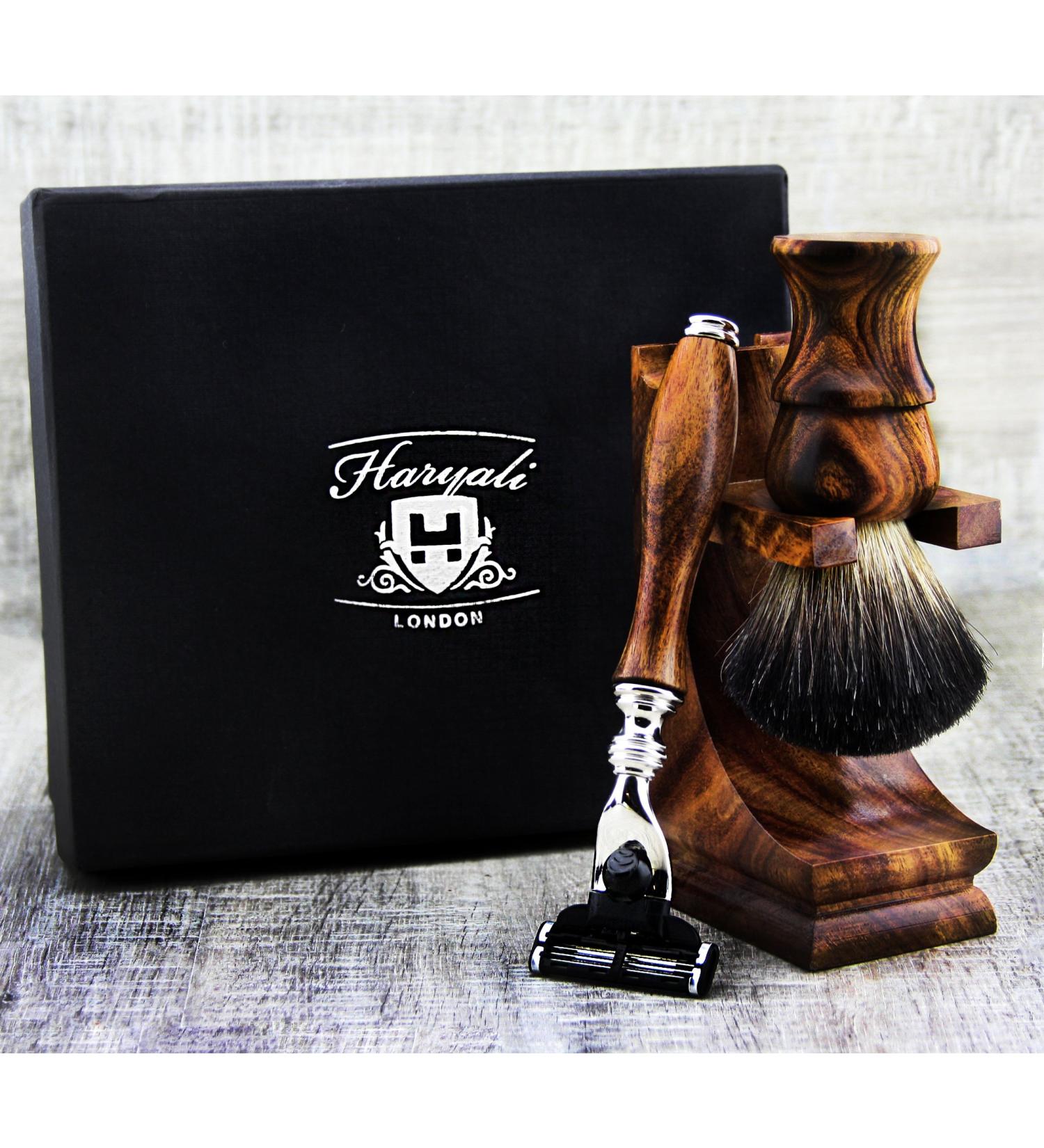Haryali London Classic Men's Wooden Shaving Set 3-edge Razor Black Badger Hair Brush and Wooden Stand