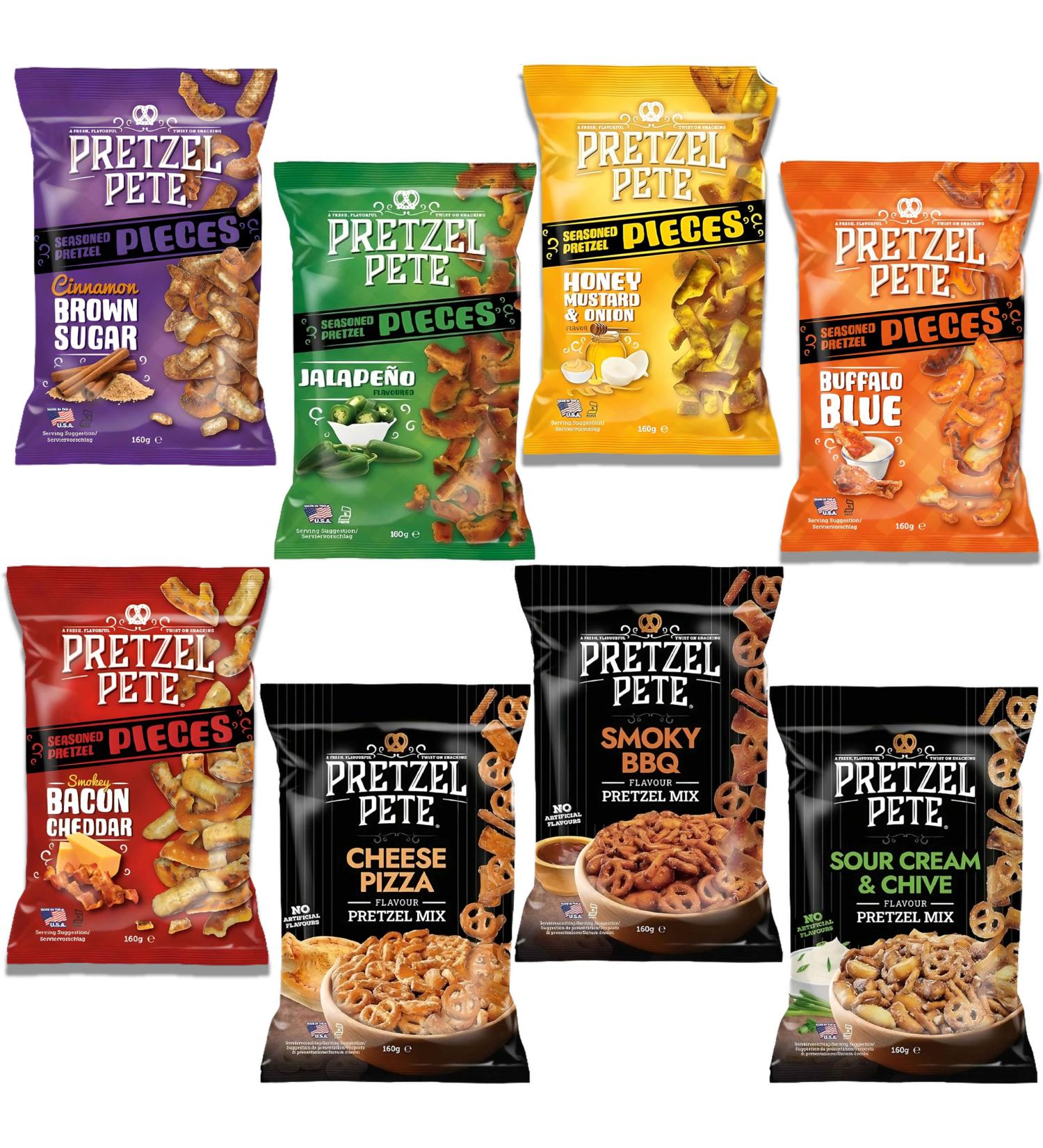 Pretzel Pete Pieces Pretzel Snack Pick N Mix | Choose From 8 Flavours | Buffalo Blue Cheese Pizza Cinnamon Honey Mustard Jalapeno Smokey Bacon BBQ Sour - Pack of 4 X 160g - Buy Online on GoSupps.com