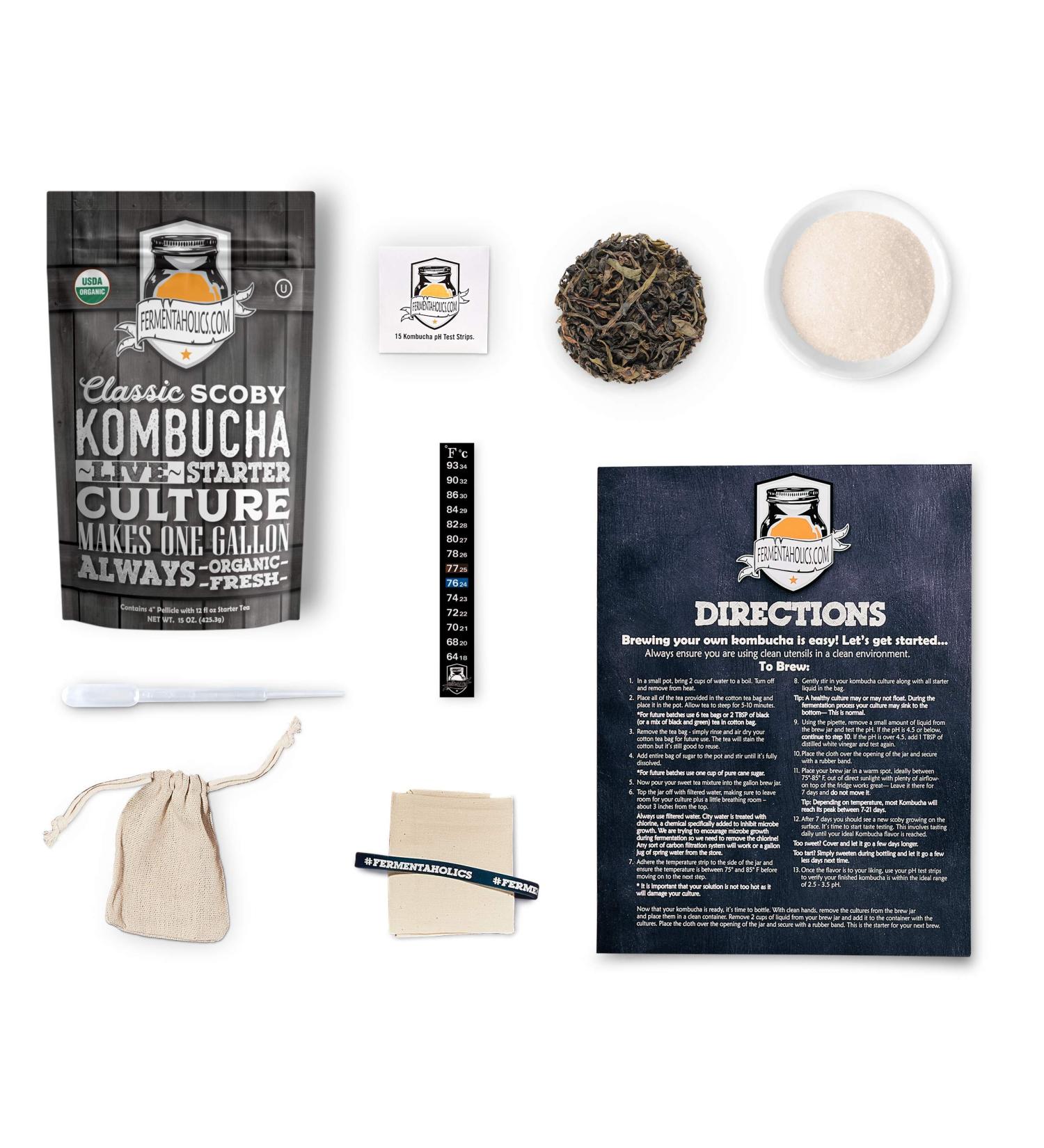 Organic 1-Gallon Kombucha Brewing Starter Kit with SCOBY, Starter Tea, Thermometer, pH Strips & More - Buy Online on GoSupps.com