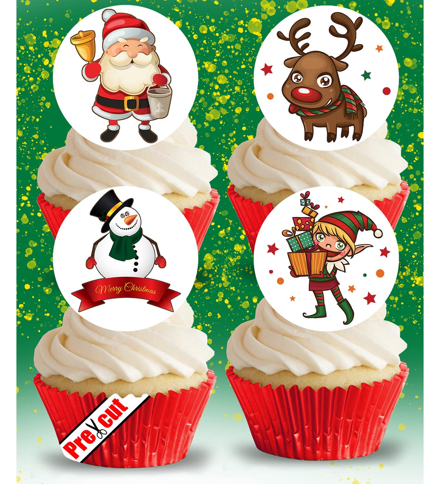 24 x Edible Stand up Merry Christmas Mix XXI. Pre-Cut Wafer Paper Cupcake Toppers Party Winter Birthday Cake Decorations