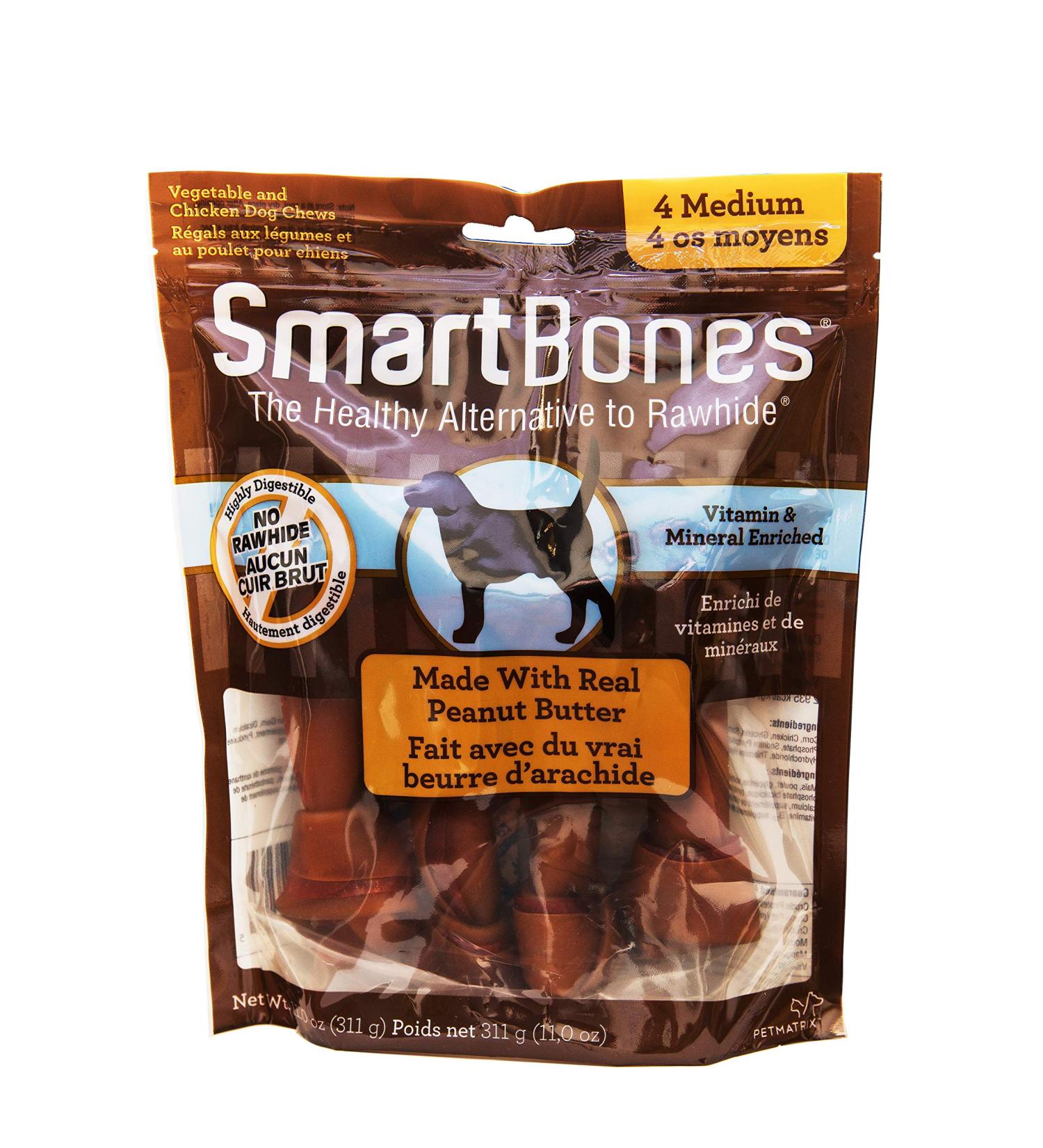 SmartBones Peanut Butter Medium Bones 4ct 11.0oz 311g. 311 g (Pack of 1) SmartBones Peanut Butter Medium Bones 4ct 11.0oz 311g - Buy Online on GoSupps.com