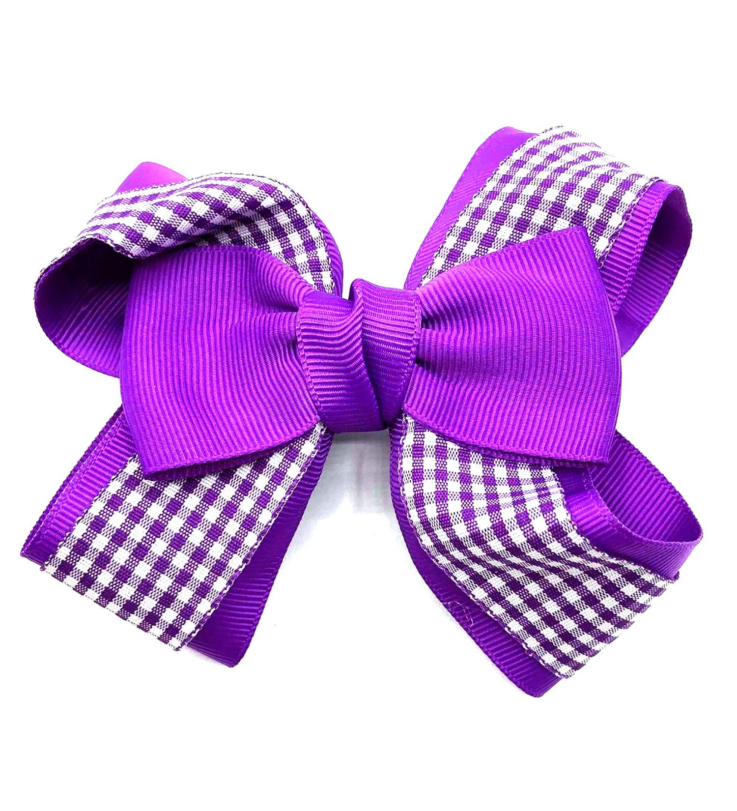 Girls Gingham Hair Bow Clips School Hair Accessories Girls Hair Bands 12cm (Purple)