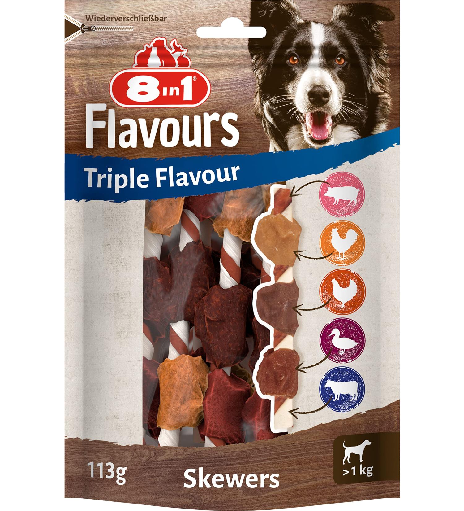 8in1 Triple Flavour Chew Sticks for Dogs - Extra Meat Chew Snacks 113g Bag (Approx. 6 Pieces) - International Shipping Available - Buy Online on GoSupps.com