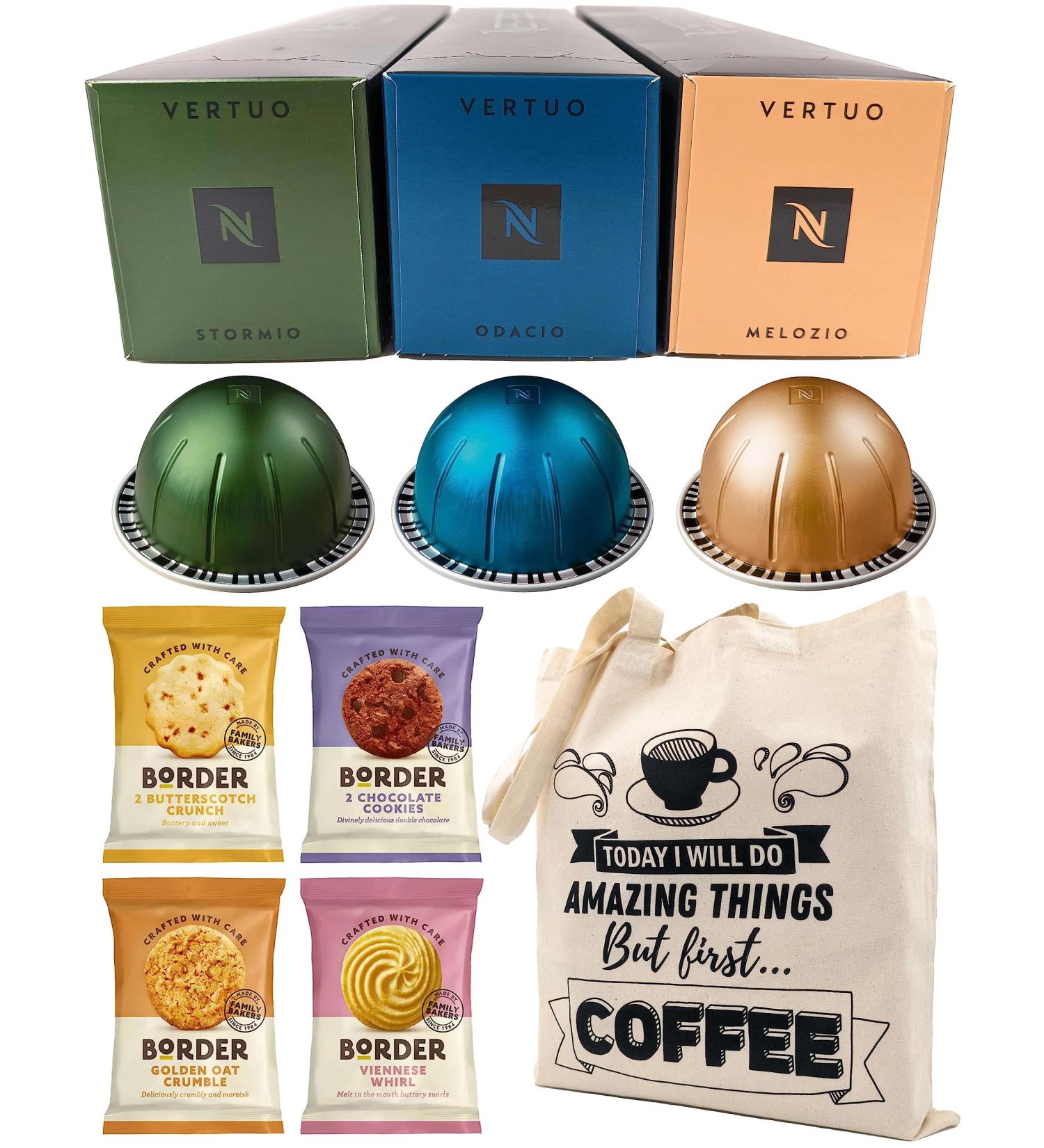 Nespresso Vertuo Coffee Capsules - Stormio Odacio Melozio - 3 Boxes (30 Pods) Bundled with Selection of Border Biscuits & Tote Gift Bag - Buy Online on GoSupps.com