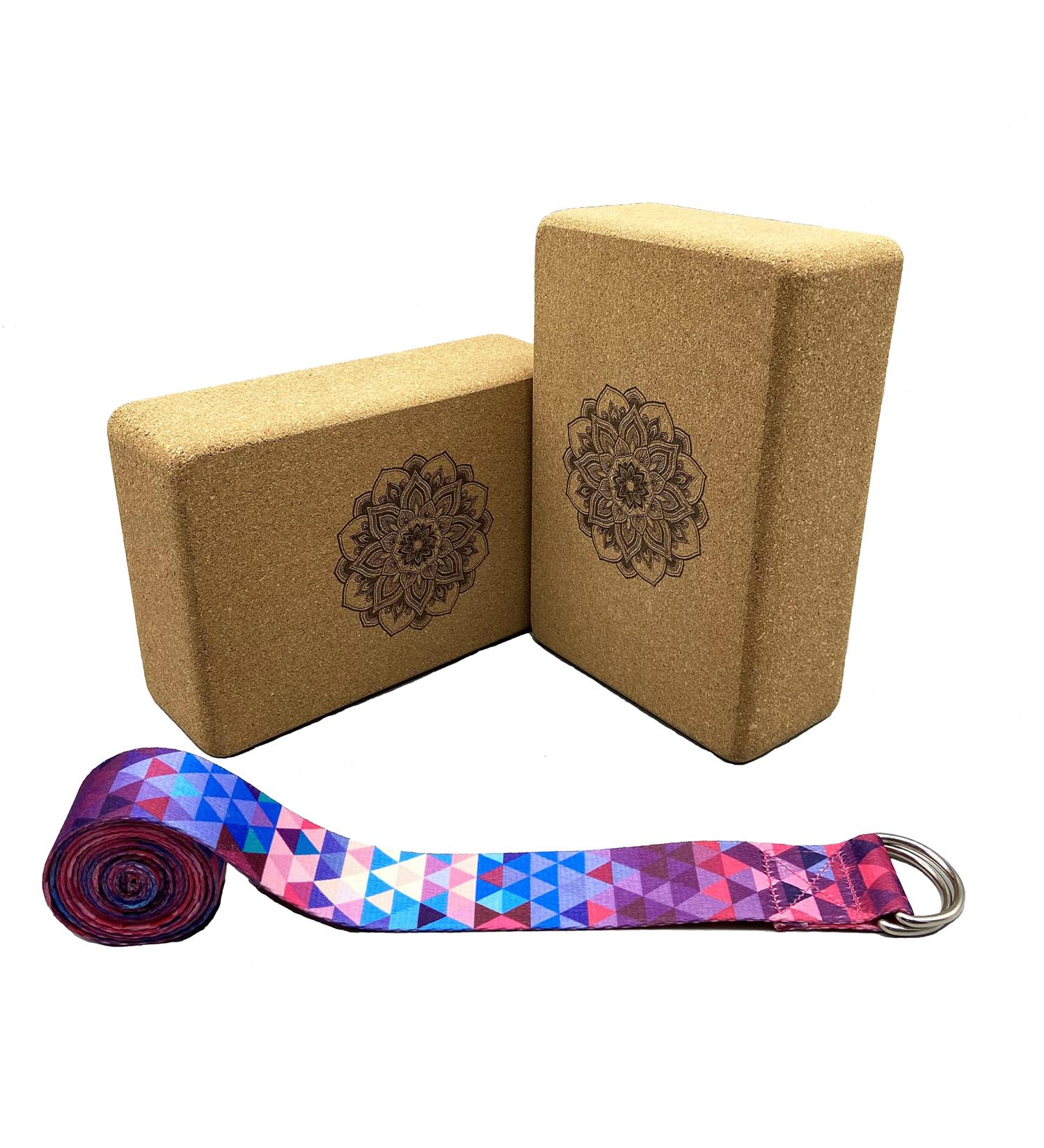 Aozora Cork Yoga Block 2 Pack and Yoga Strap Set - Sustainable & Eco-Friendly - Natural Cork for Support, Balance & Comfort - Mandala Design - 9*6*4 - Buy Online on GoSupps.com