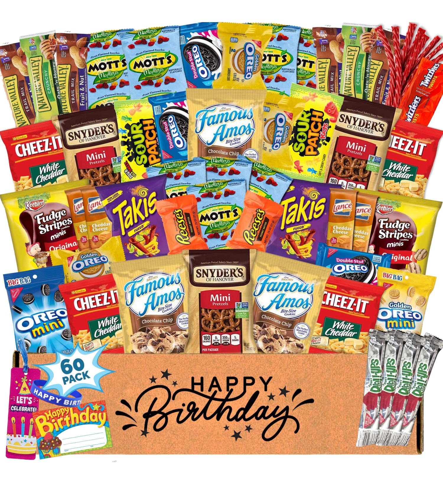Birthday Gift Basket Care Package (60 Count) Snacks Food Cookies Chips Candy Party Variety Gift Box Pack Assortment Basket Bundle Mix Bulk Sampler Treat College Students Kids Teens Office School - Buy Online on GoSupps.com