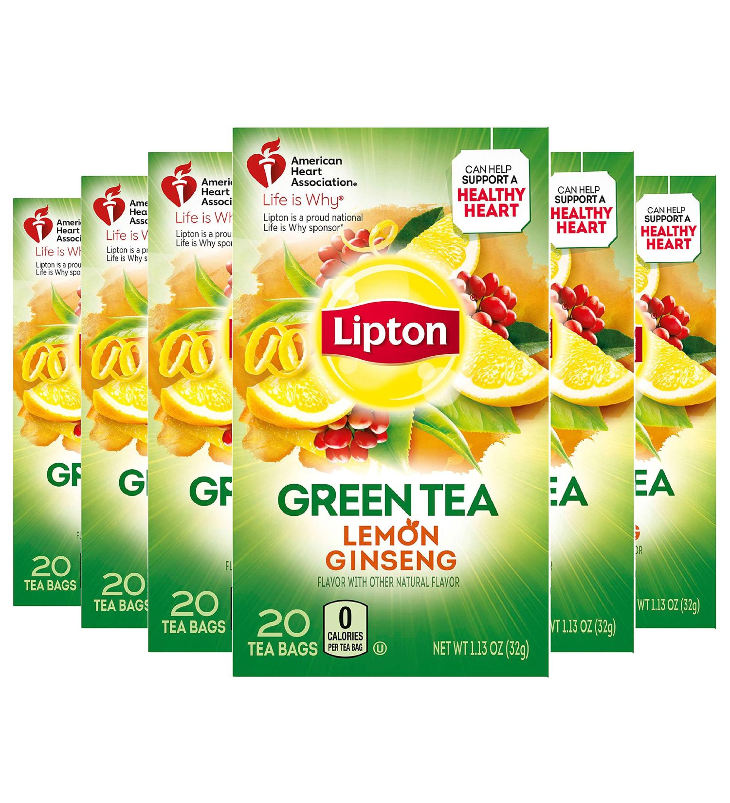 Lipton Lemon Ginseng Green Tea Bags 1.13oz 20 Count - Pack of 6 | Supports a Healthy Heart - Buy Online on GoSupps.com