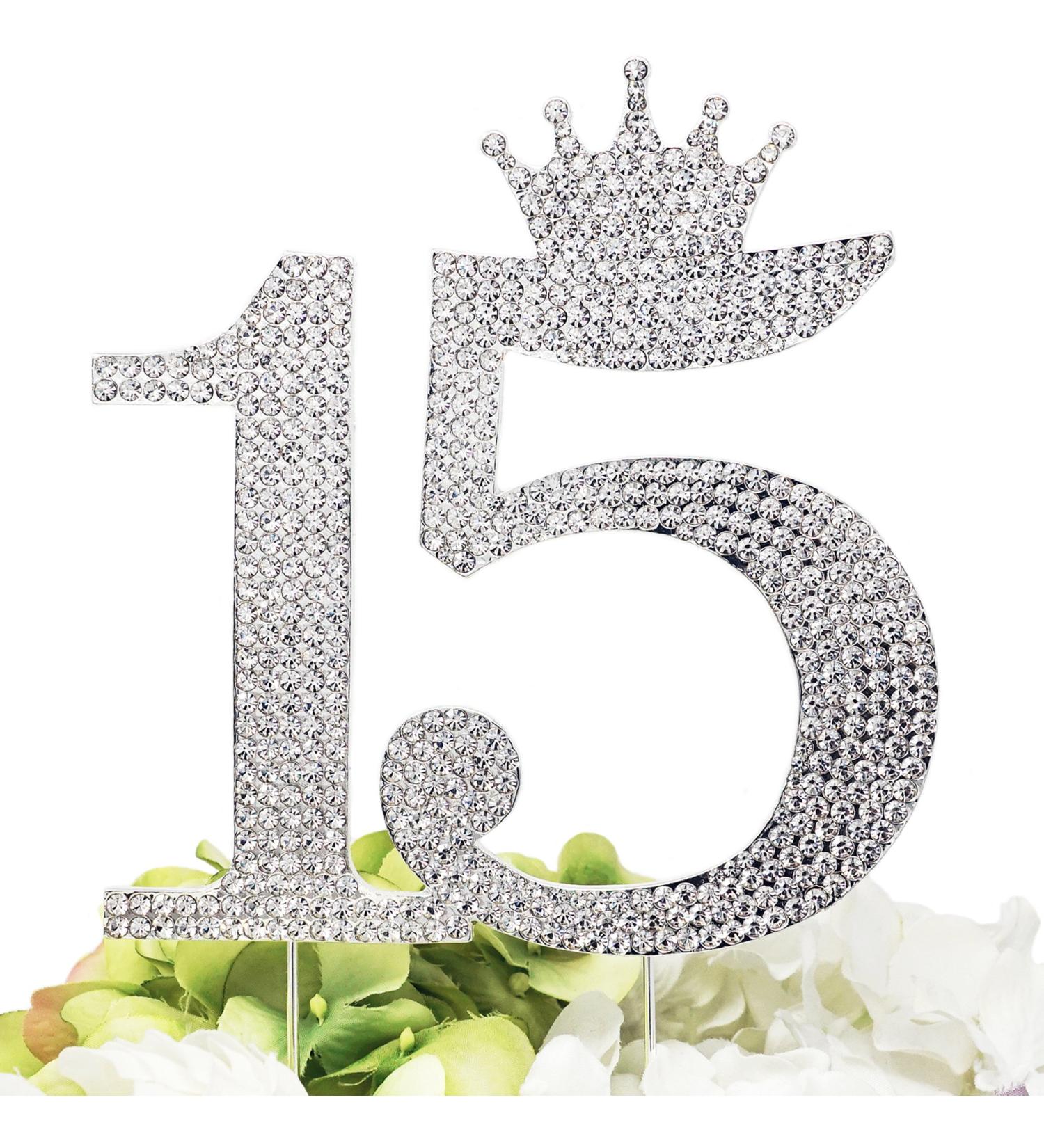 Number 15 Quinceanera Rhinestone Princess Crown Monogram Cake Topper - Sweet 15th Birthday Party (Silver) - Buy Online on GoSupps.com