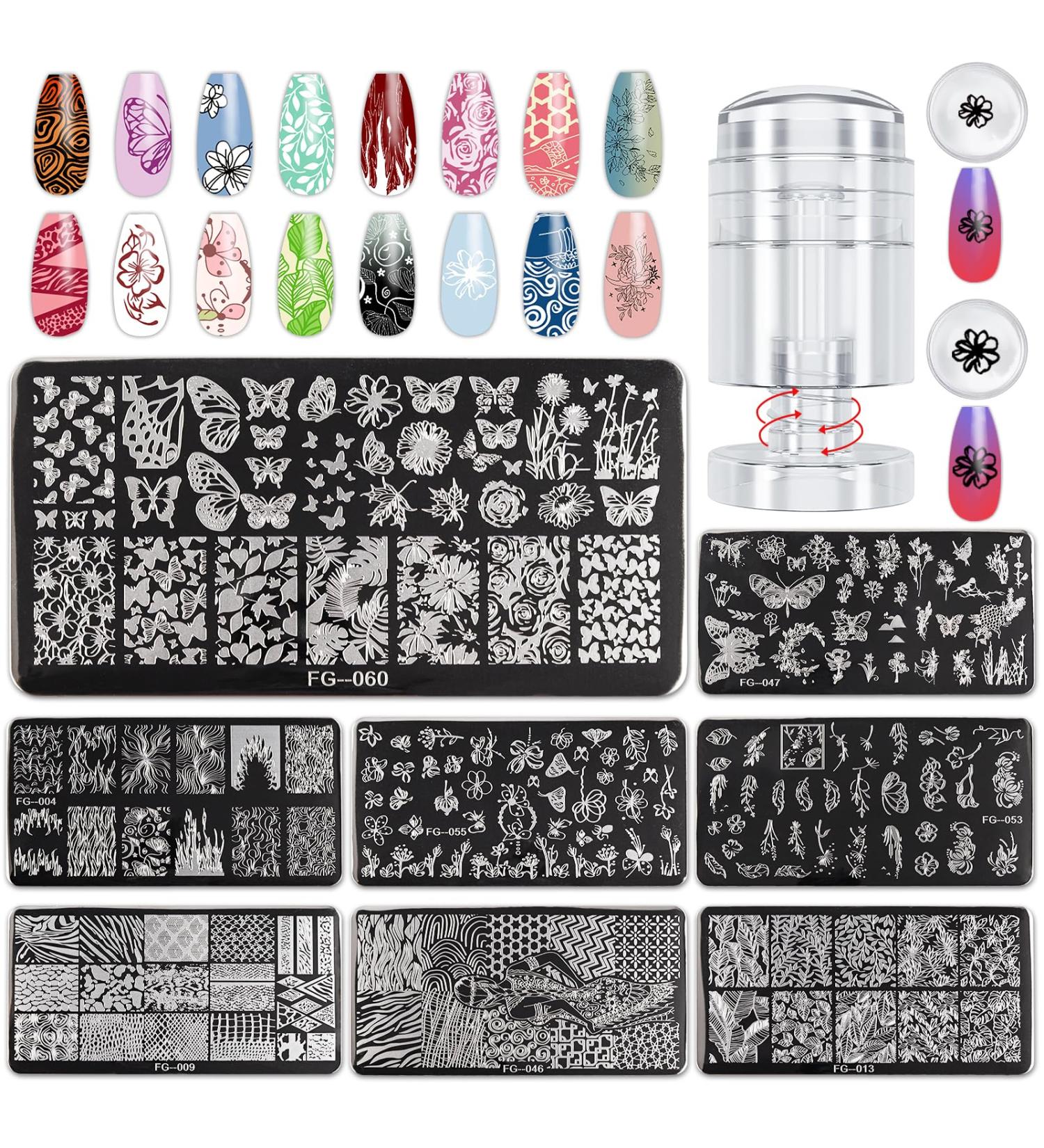 EBANKU 8 PCS Nail Stamping Plates Set - Flowers, Butterflies, Leaves & Ripples | DIY Nail Art Decoration Kit with Rotation Stamper & Scraper - Buy Online on GoSupps.com