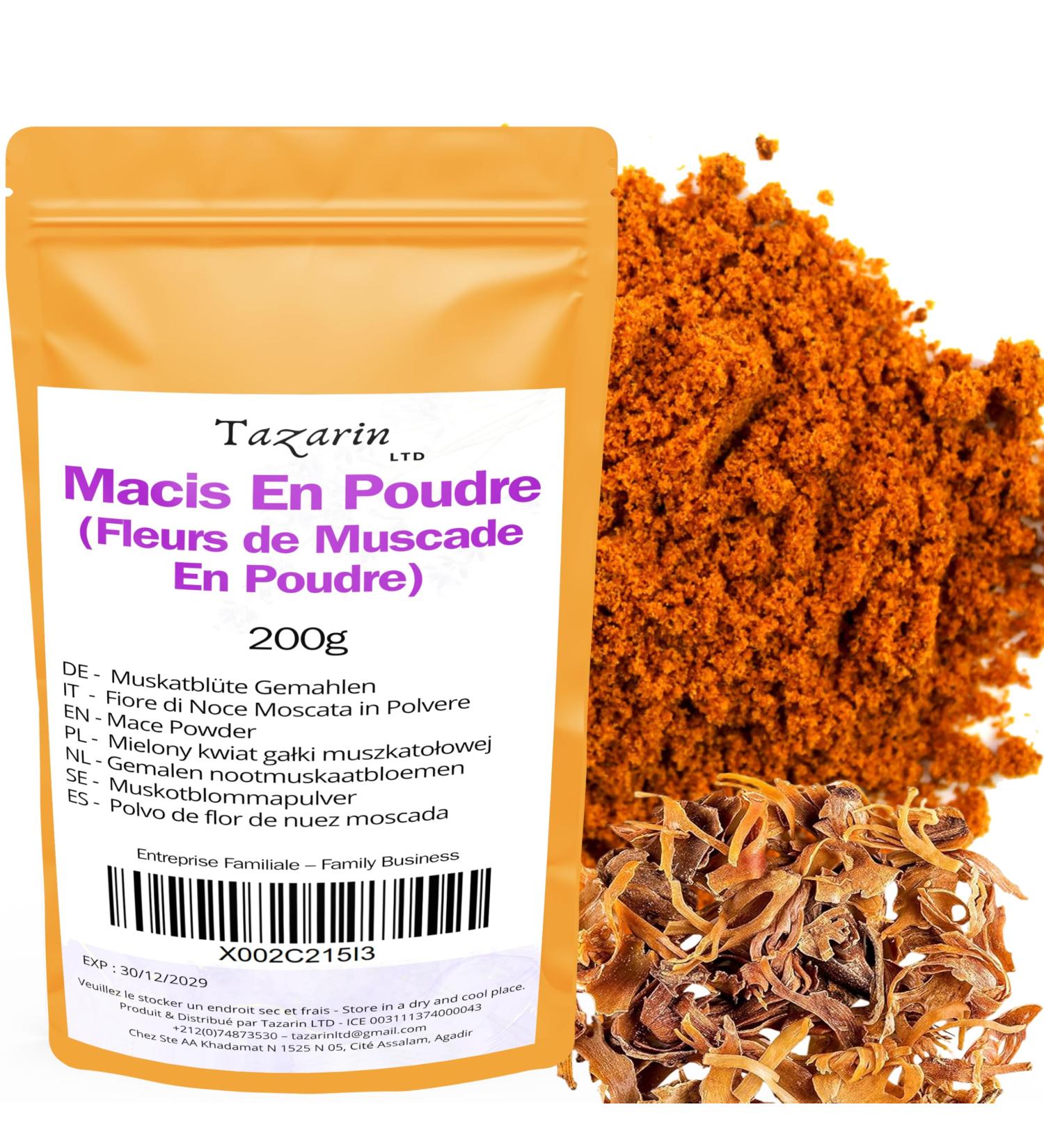 Tazarin LTD 200g Macis Powder - Ground Macis Nutmeg Flower Powder - Intense Aroma & Taste - 100% Natural High Quality - No Additives TazarinLtd
