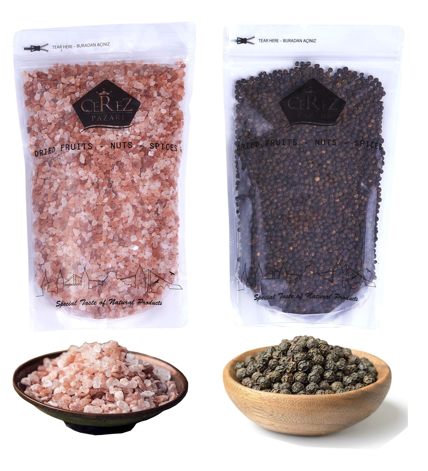 Cerez Pazari Whole Black Peppercorns 12oz & Himalayan Pink Salt 2lbs - Premium Quality, Freshly Packed for Grinder Refill - Non-GMO, Gluten Free - Resealable Bulk Bag - Buy Online on GoSupps.com
