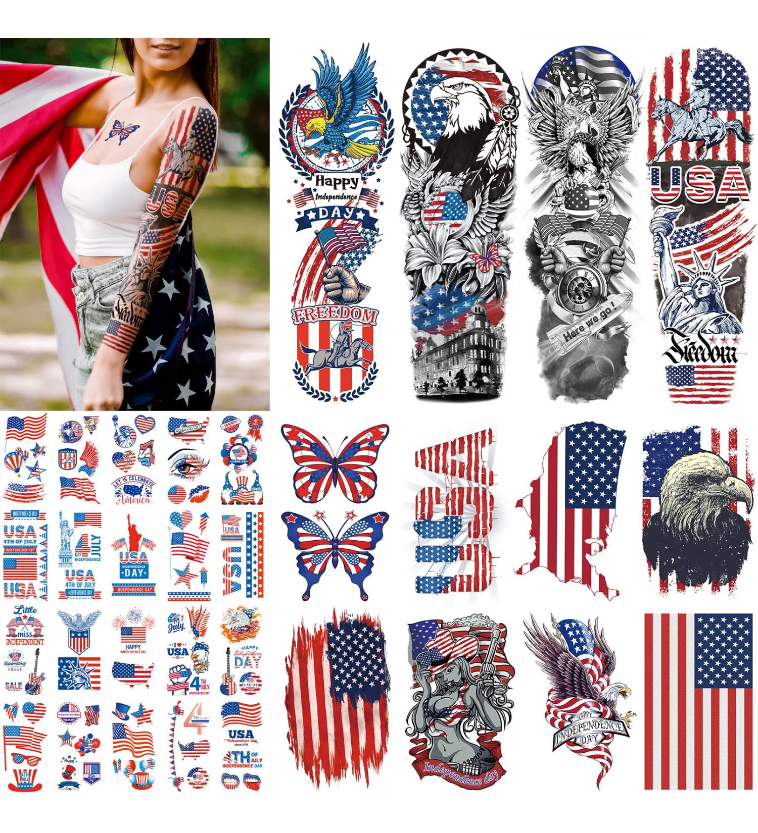RainFlower 4th of July Temporary Tattoo - USA Flag Independence Day Full Arm Sleeve for Adults & Kids - Blue, Red, White Fake Tattoos - Buy Online on GoSupps.com