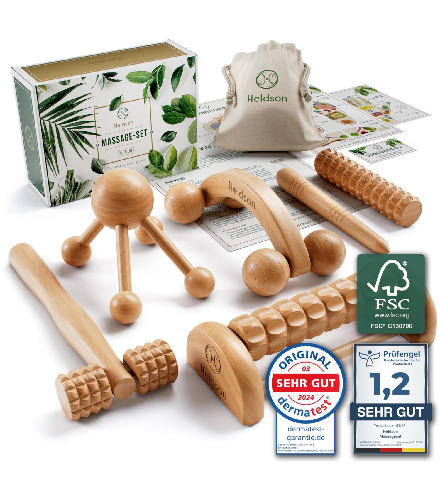Heldson Premium 6-Part Massage Set | Wood Massage Devices & Scooter for Foot Head & Trigger Point Therapy | Relaxation & Anti-Stress Tools - Buy Online on GoSupps.com
