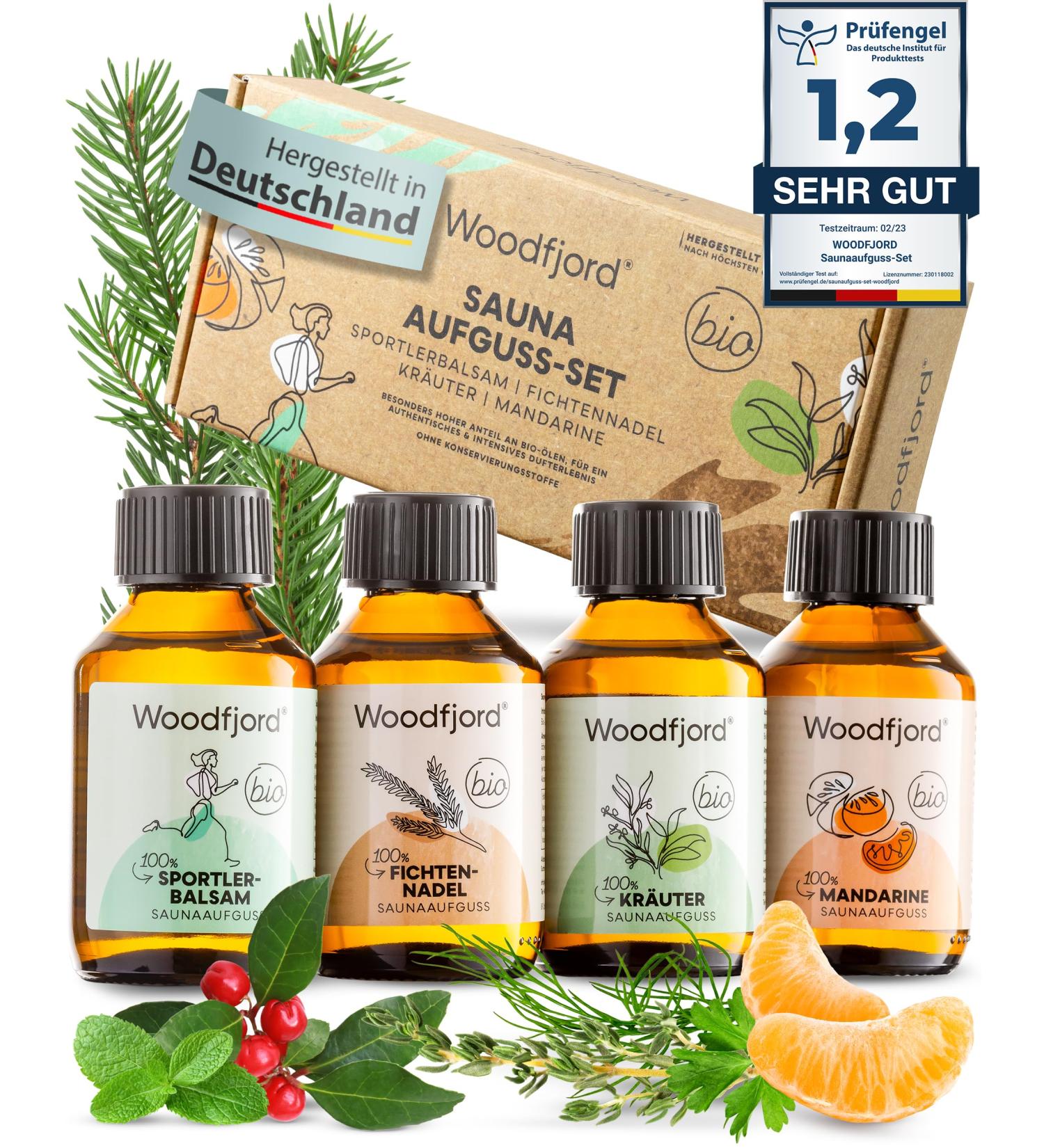 Premium Woodfjord Sauna Infusion Set - 4 Organic Fragrances & Oils for Authentic Sauna Experience - 100ml Bio Aktiv Sauna Air Test Set - Buy Online on GoSupps.com