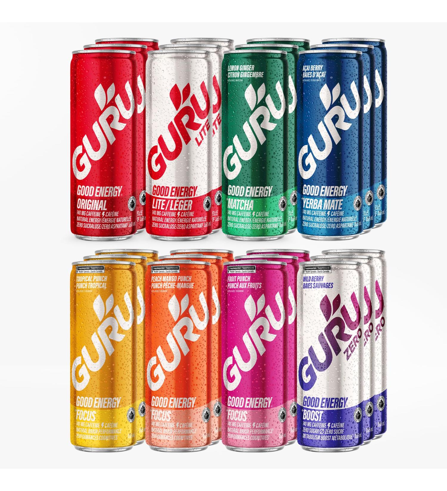 GURU Organic Energy Drink | Variety Pack 355ml | Feel Great and Stay Focused Longer with Plant-Based Energy Natural & Organic Ingredients Low Calories and Great Taste | (Pack of 24)  - Buy Online on GoSupps.com