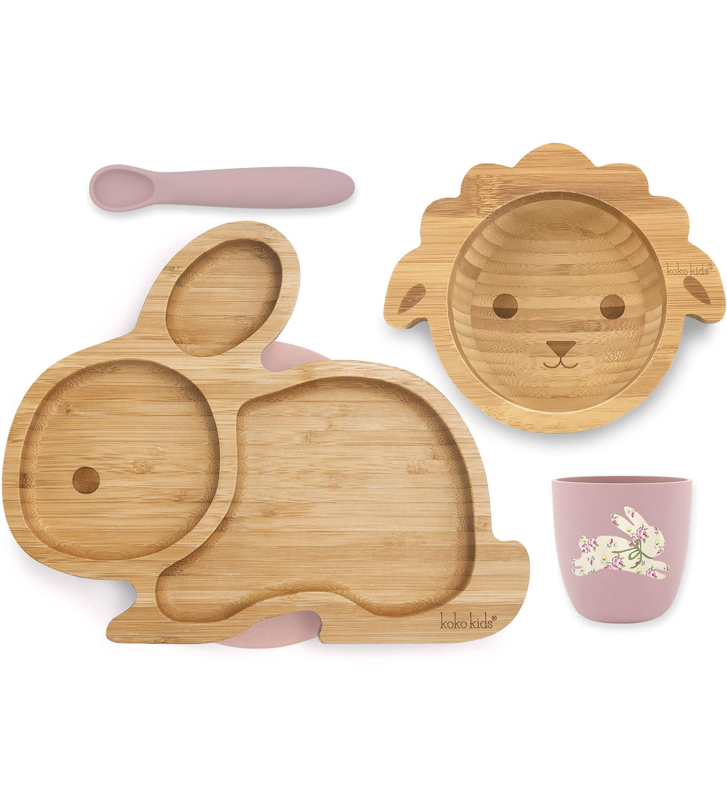 Koko Kids Bamboo & Silicone Feeding Set - Rabbit Suction Plate Lamb Bowl Silicone Cup & Spoon (Pink) | Eco-Friendly Kids Tableware - Buy Online on GoSupps.com