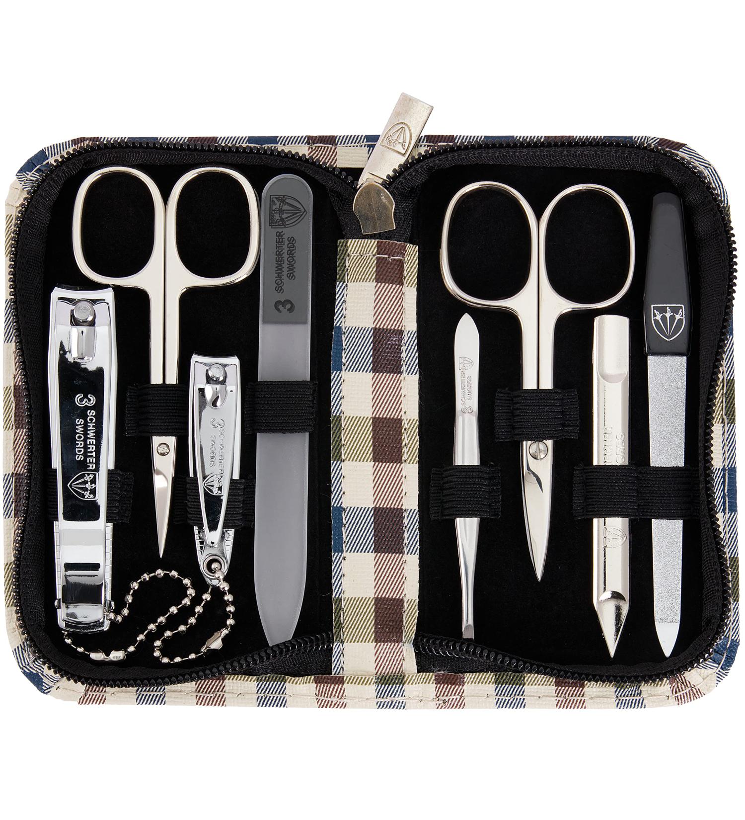 3 Swords Germany - brand quality 8 piece manicure pedicure grooming kit set for professional finger & toe nail care scissors clipper fashion leather case in gift box Made by 3 Swords (002013) CHEQUERED - Buy Online on GoSupps.com