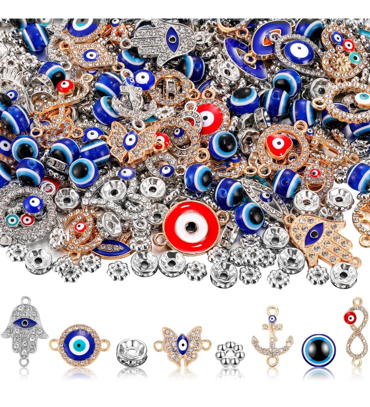 450 Blue Evil Eye Beads & Charms Mix for DIY Jewelry Making - Enamel Rondelle Spacer Beads with Silver Connectors - Buy Online on GoSupps.com