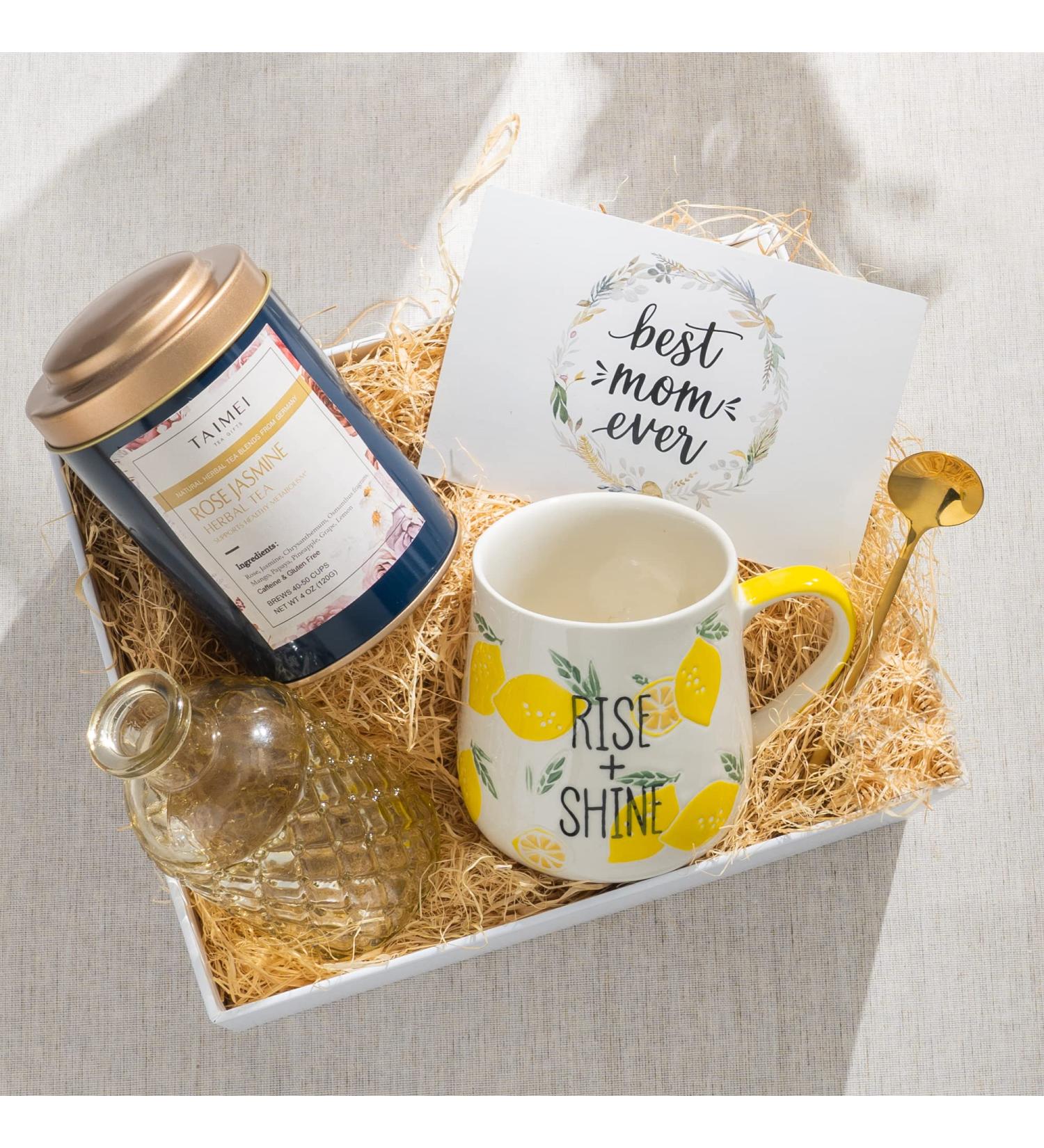Taimei Tea Gift Set for Women - Mother's Day Gift Box with 100% Natural Rose Jasmine Herbal Tea from Germany - Decaf Loose Leaf Tea, Mug, Vase, Gold Teaspoon, Care Package - 120g, 50 Cups - Best Mom Ever Card - Buy Online on GoSupps.com