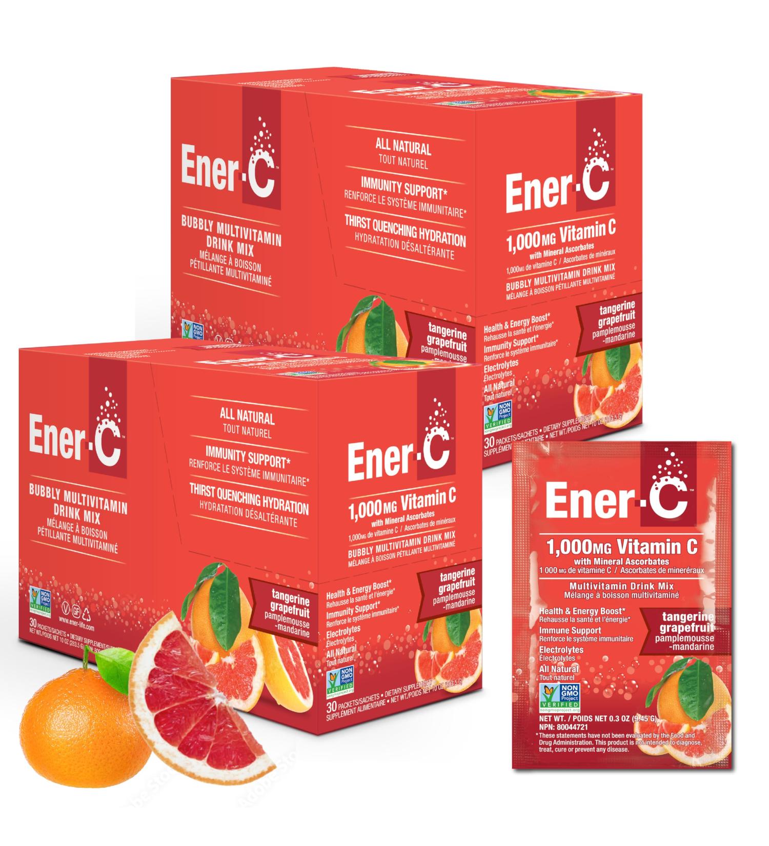 Ener-C Tangerine & Grapefruit Multivitamin Drink Mix, 1000mg Vitamin C, Non-GMO, Vegan, Real Fruit Juice Powders, Natural Immunity Support, Electrolytes, Gluten Free, 2-Packs of 30 (60 Count) - Buy Online on GoSupps.com