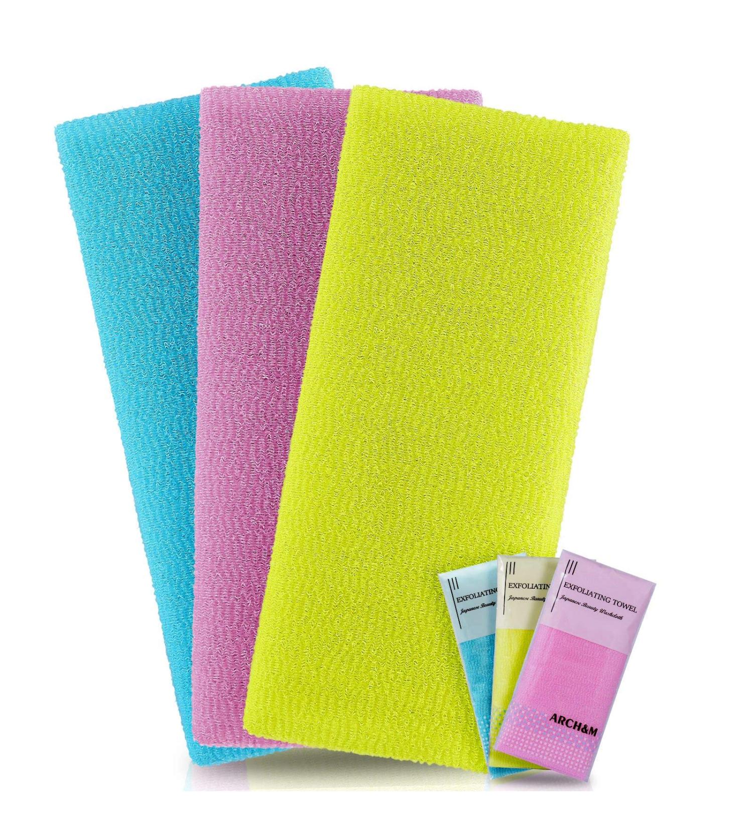 ARCH&M Exfoliating Washcloth Towel 3 Pack - Japanese & Korean Bath Scrub Sponge for Body Beauty - Back Scrubber for Shower - Red Yellow Blue - Buy Online on GoSupps.com