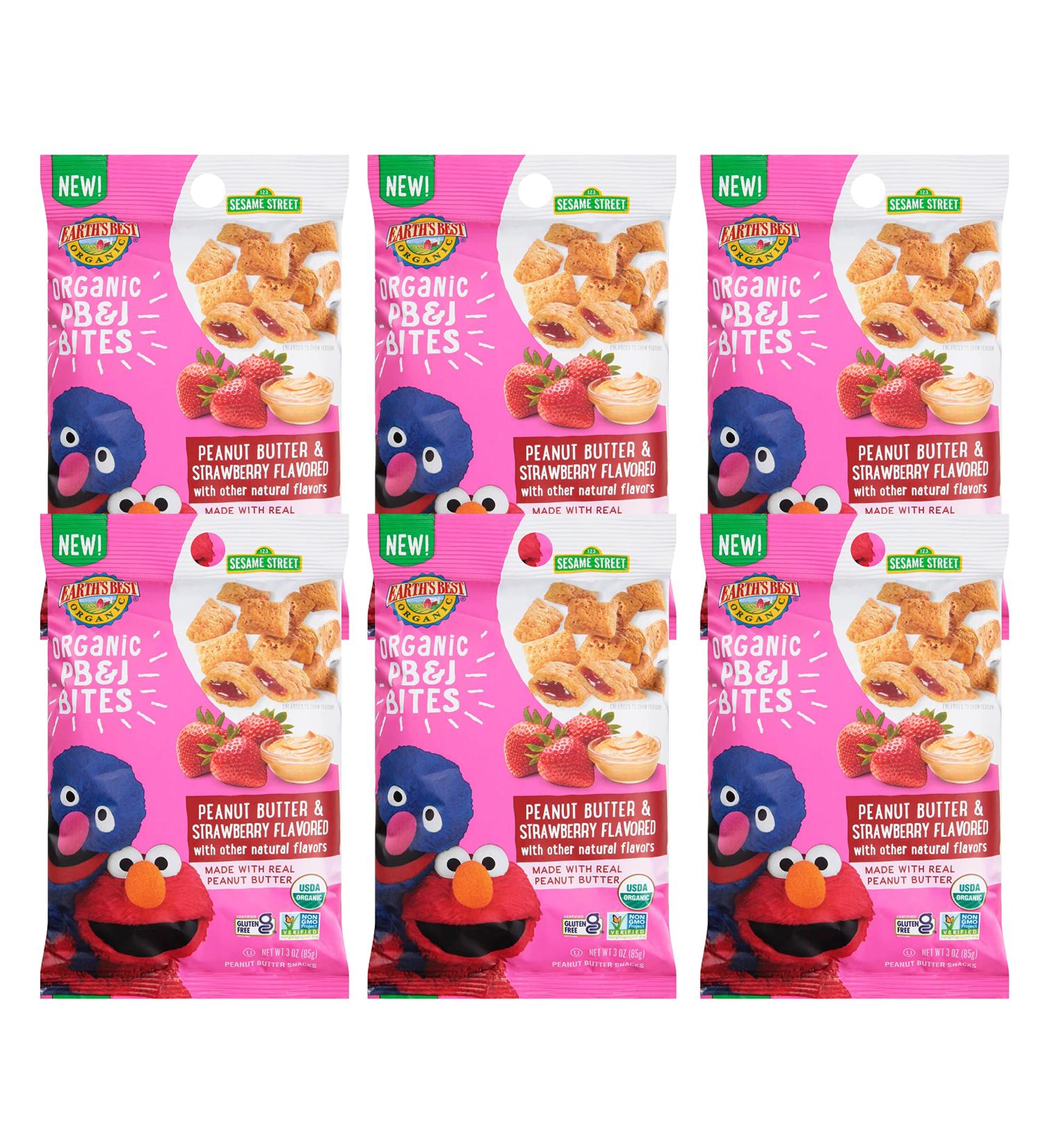Earth's Best Organic PB&J Bites for Toddlers 2+ | Sesame Street Toddler Snacks | 3oz Bag (Pack of 6) | Peanut Butter & Strawberry Flavor - Buy Online on GoSupps.com