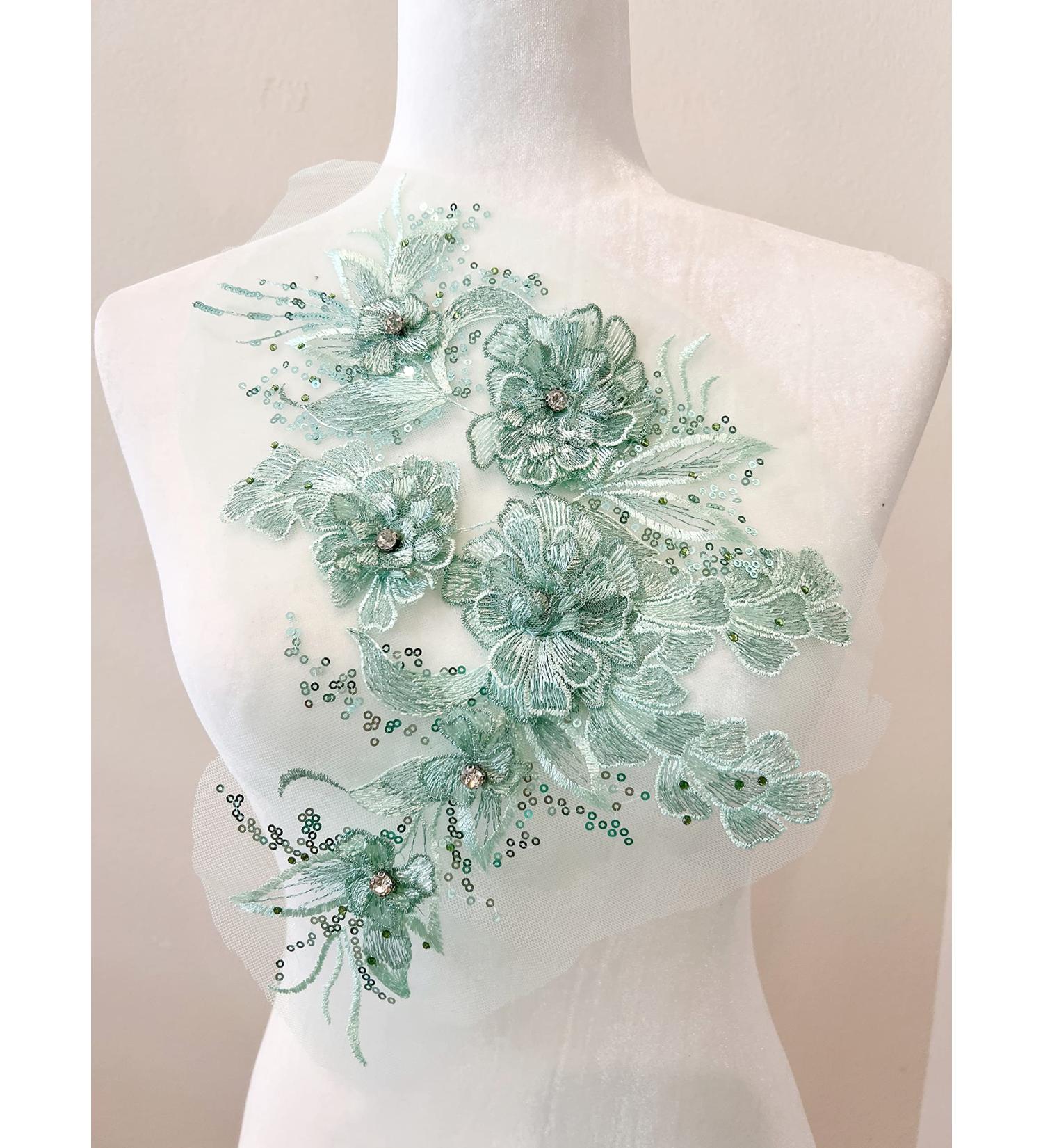 PEPPERLONELY 3D Beaded Flower Sew on Embroidered Lace Applique Wedding Dress Bride's Gown Headdress Adornment DIY Patch Clothing Accessories, 13.5 x 8.5 Inches, Green #6 Green