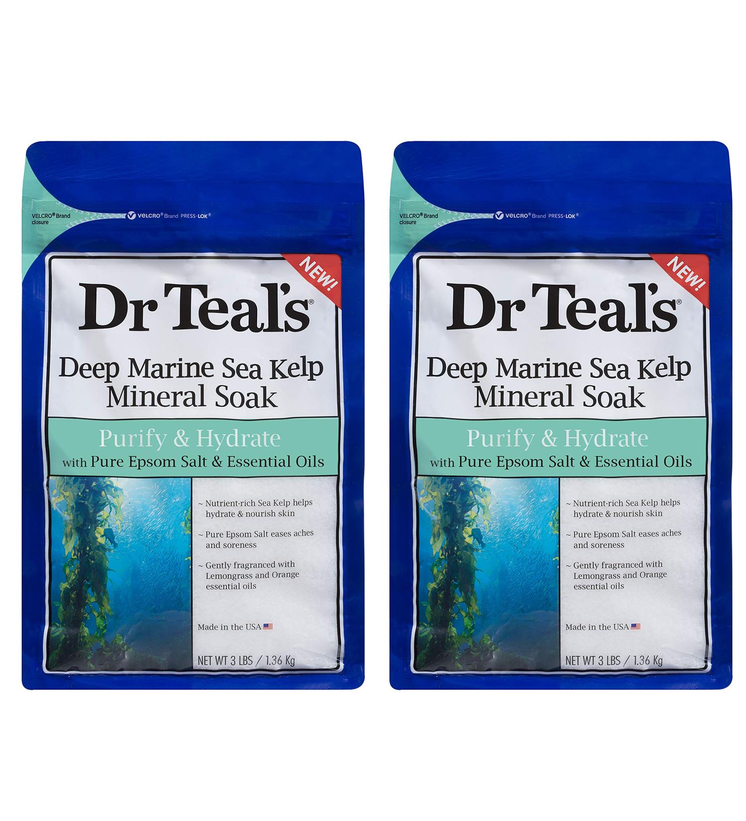 Dr Teal's Epsom Salt Sea Kelp Sea Mineral Bath Soaking Solution - Purify & Hydrate - Pack of 2, 3 lb Resealable Bags - Moisturize Your Skin, Relieve Stress and Sore Muscles