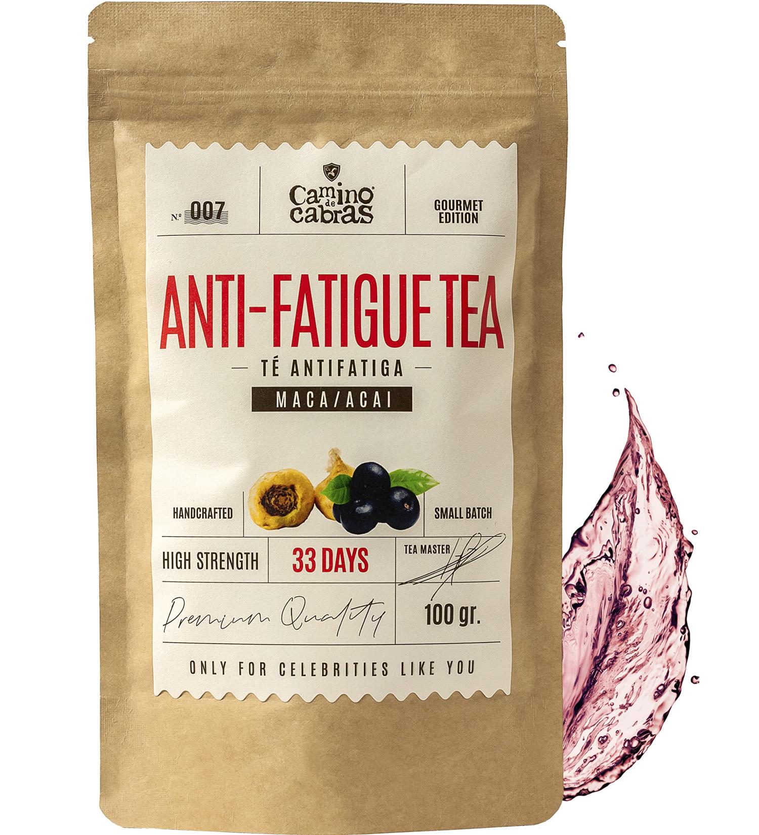 Anti Fatigue Tea - Natural Stress Relief Superfood Infusion with Rooibos, Maca, Acai, Gogi Berry, Hibiscus, Raspberry - Caffeine-Free - 100g - Buy Online on GoSupps.com