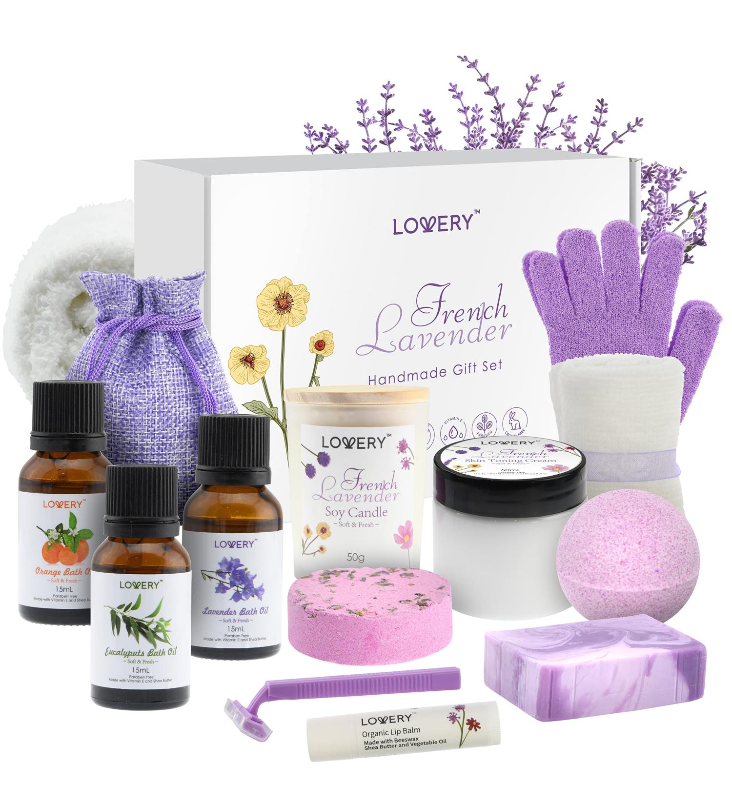 Luxury 18pc Bath Gift Set | French Lavender Spa Basket for Men & Women | Handmade Relaxation Kit with Body Oils Lip Balm Candle & Bath Bombs - Buy Online on GoSupps.com