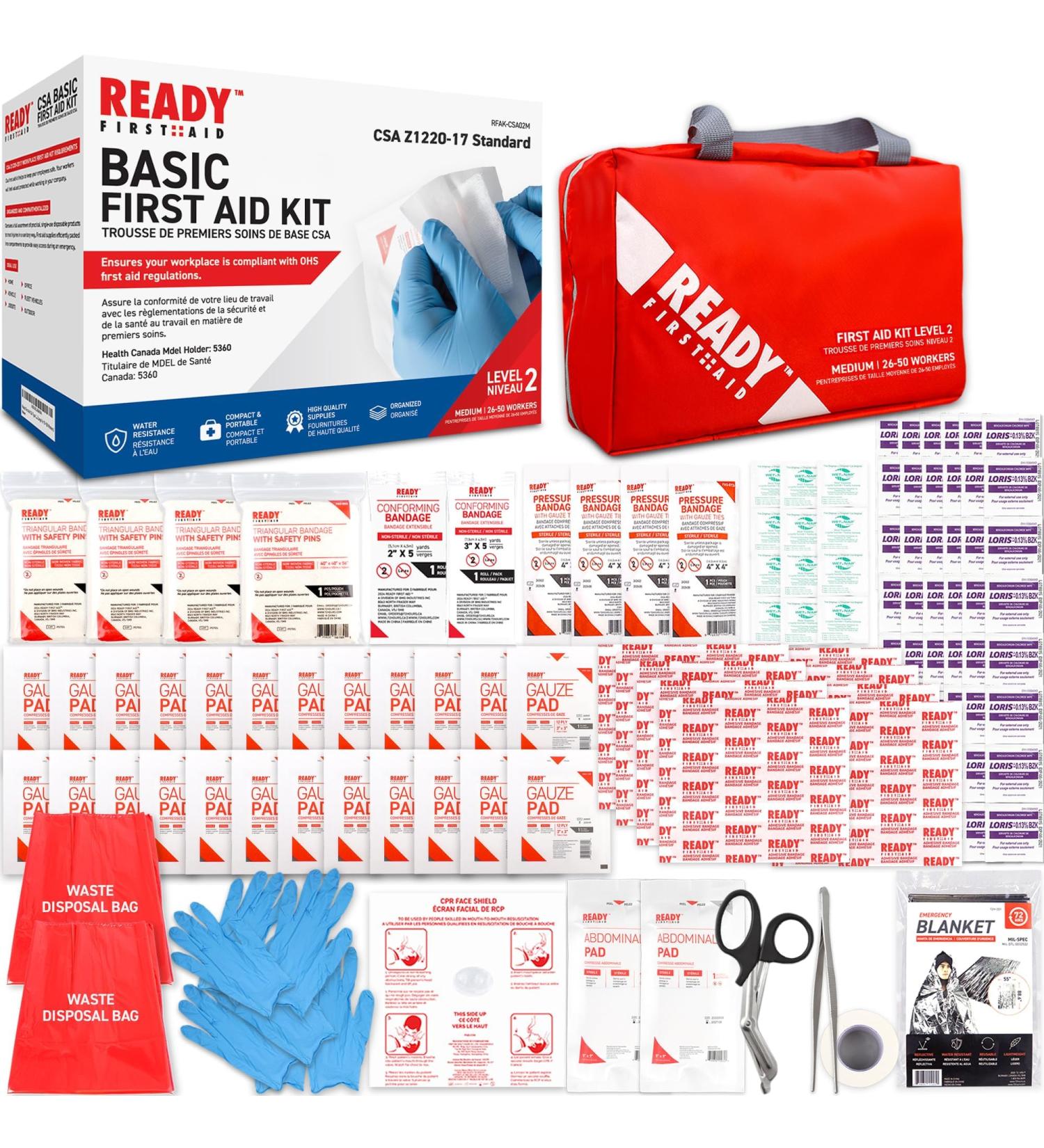Ready First Aid CSA Type 2 Basic First Aid Kit - Suitable For Workplace With A Low Risk Work Environment Including First Aid Bag (Medium For 26-50 Workers) Medium First Aid Bag - Buy Online on GoSupps.com