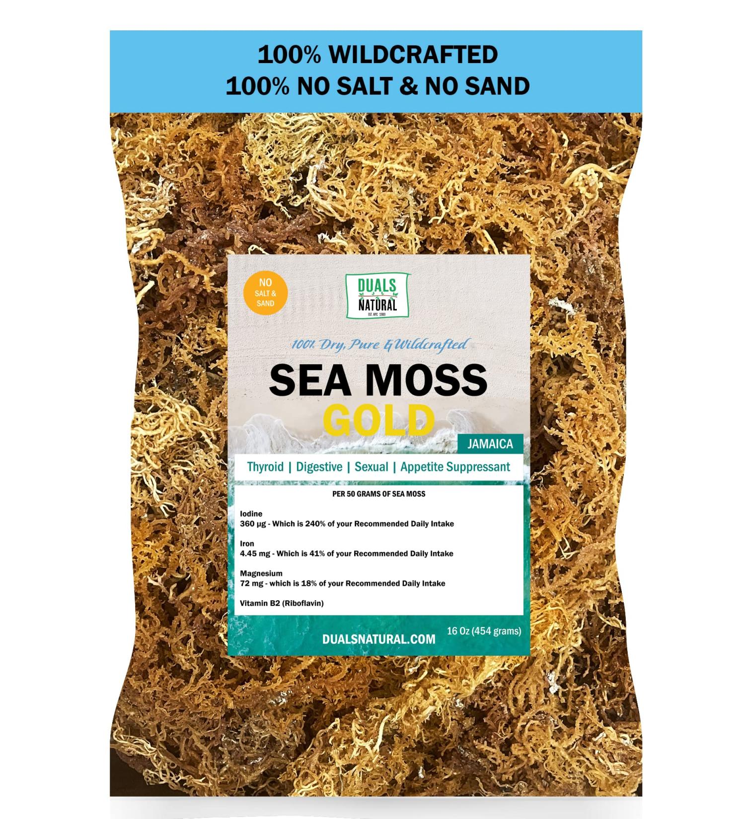 DualSpices Sea Moss Gold 16 Oz - Wildcrafted from Jamaica, Non-GMO Vegan Superfood - No Salt, Sand, Chemicals, Preservatives - 1lb Raw Fresh Harvested from Caribbean Sea - Buy Online on GoSupps.com