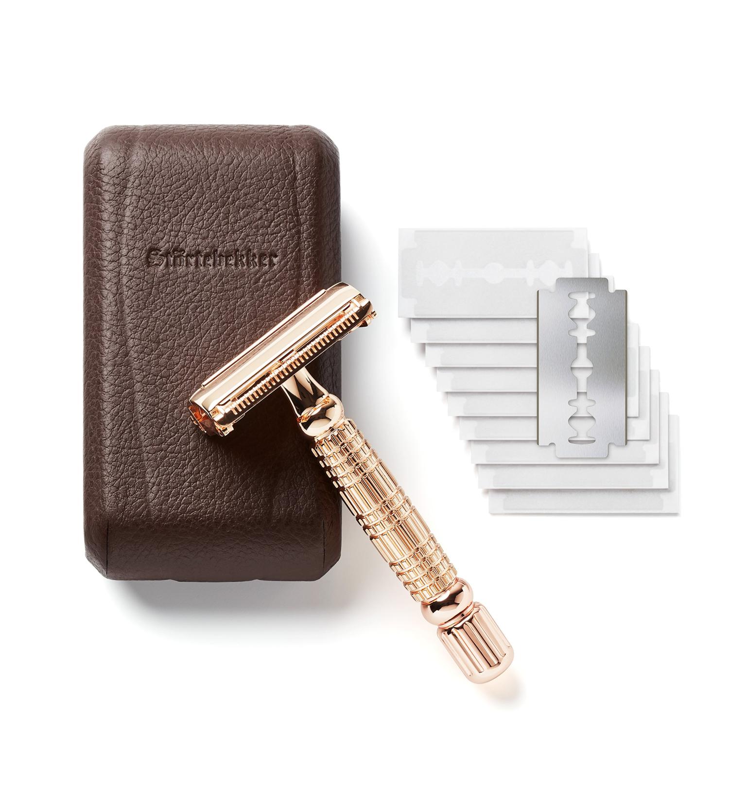 St rtebekker Premium Razor Hobel | Handmade Leather Etui | Travel Razor Set with 10 Blades & Built-in Mirror | Vintage Ros Gold-Caf Design - Buy Online on GoSupps.com