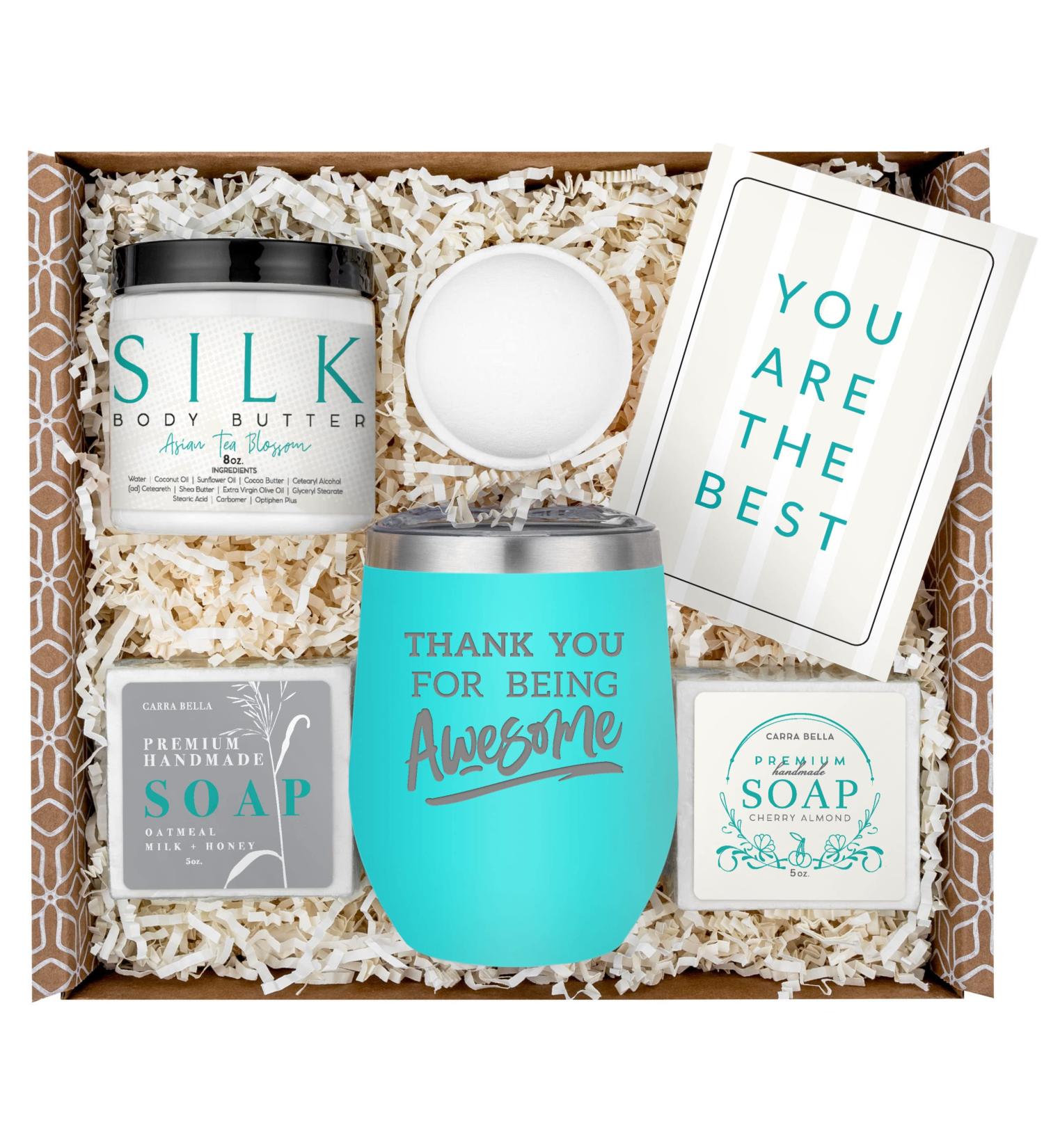 Relaxing Spa Gift Box for Women - Thank You Gifts for Teacher, Nurse, Employee - Encouragement Care Package with Mint Tumbler - 5 Piece Bath Set - Buy Online on GoSupps.com
