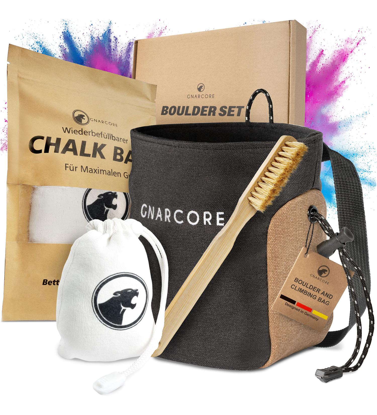 Gnarcore Complete Chalk Set: Chalk Bag Chalk Ball & Boulder Brush - Ideal for All Climbing Levels - Perfect Bouldering Gift - Buy Online on GoSupps.com