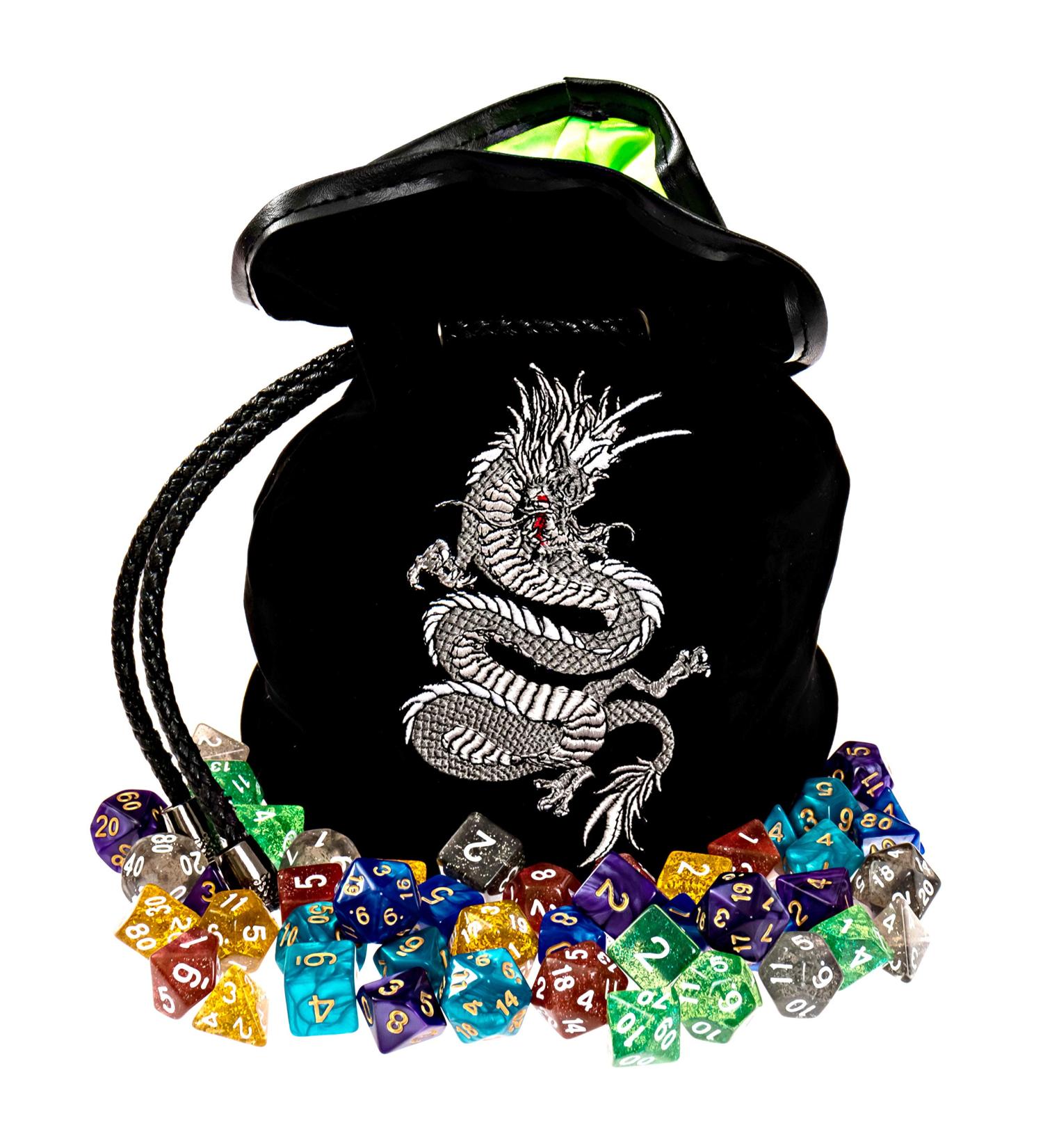 Large Dice Bag with 7 Complete Sets | Dragon DND Dice Bag & 49 Polyhedral Dice | Black Bag with Pockets - Buy Online on GoSupps.com