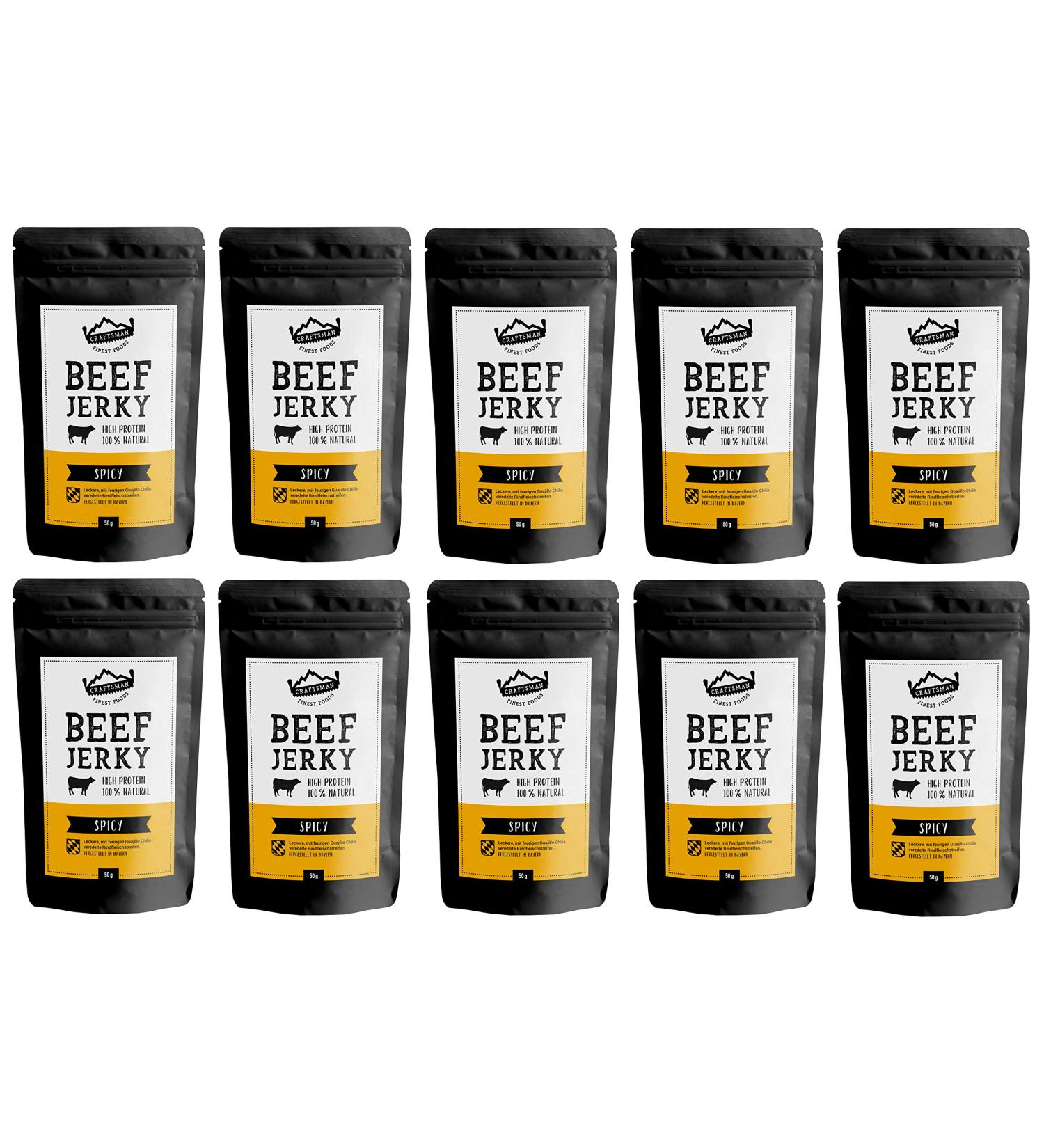  CRAFTSMAN FINEST FOODS Craftsman Beef Jerky Spicy 500g | Dry Meat with Chilli from Germany - Bavaria | Jerky Beef Set 10 x 50g | 100% Beef | High Protein 68% | 100% Natural | Sugar Free - Buy Online on GoSupps.com