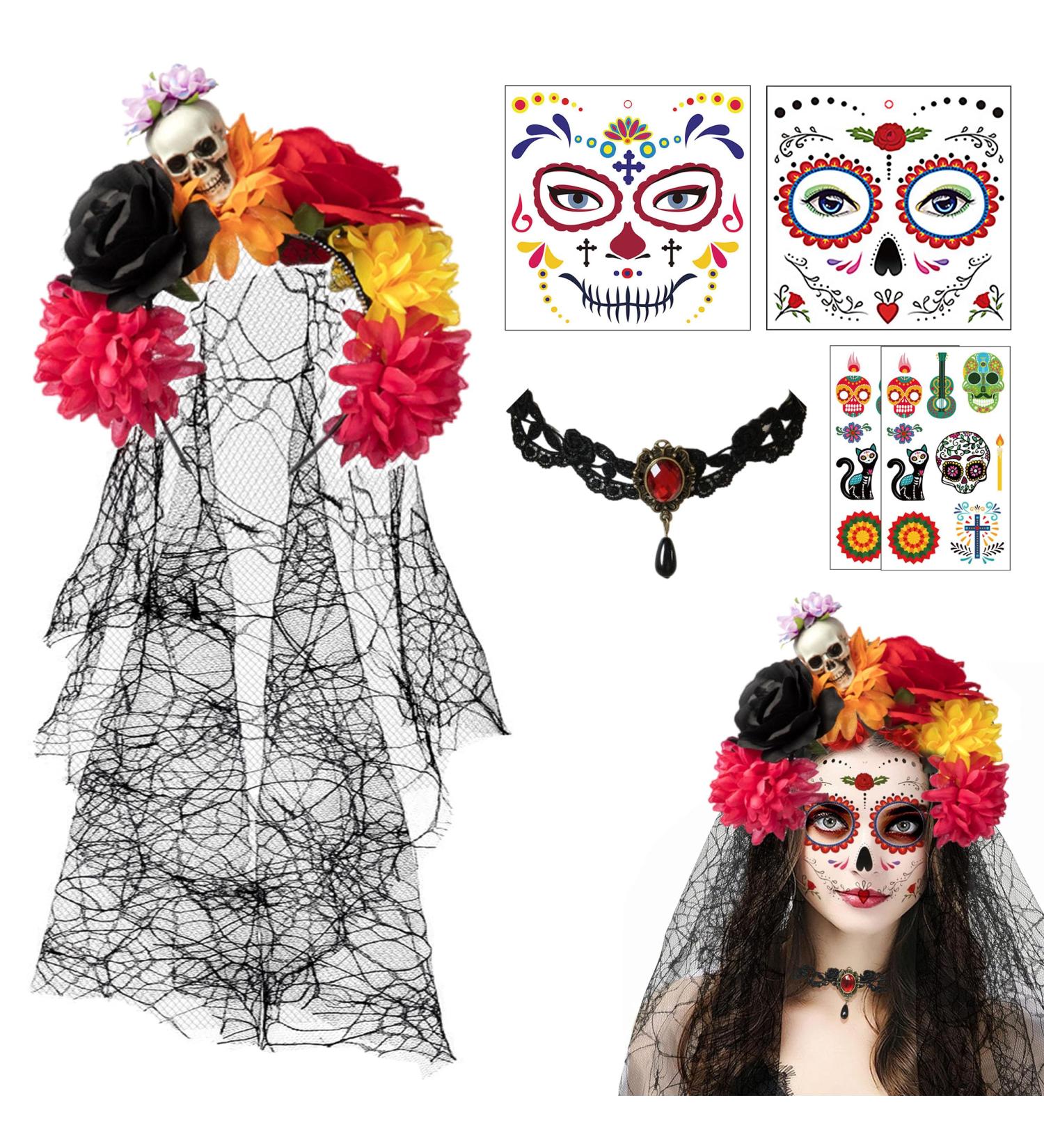 Day of The Dead Costume Accessories Day of the Dead Headpiece Veil Choker Necklace Halloween Face Temporary Tattoos Women - Buy Online on GoSupps.com