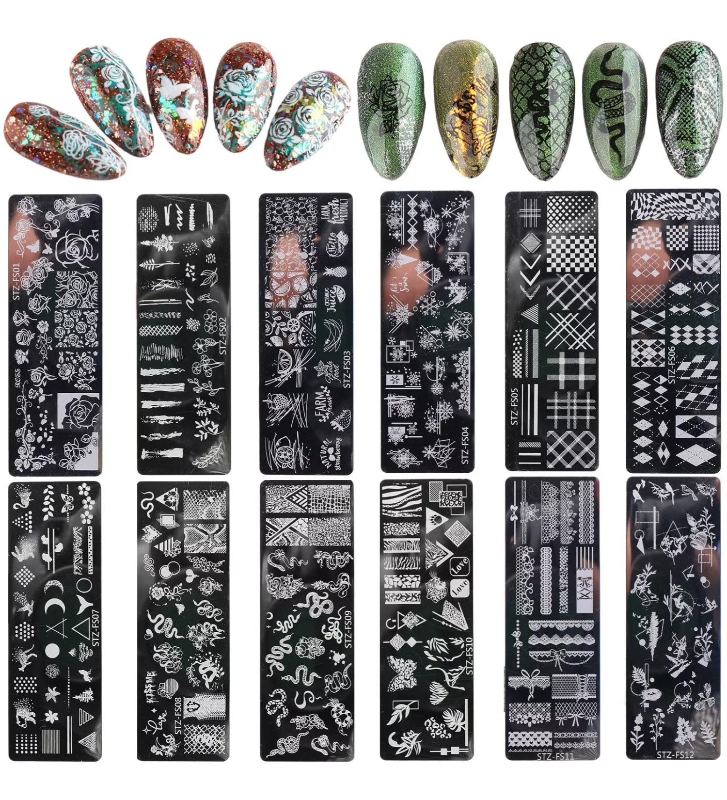 RUNRAYAY 12pcs Retro Theme Nail Stamping Plate Kit - Flower, Snake, Butterfly Patterns for Thanksgiving & Christmas Nail Design - DIY Print Manicure Salon - Buy Online on GoSupps.com