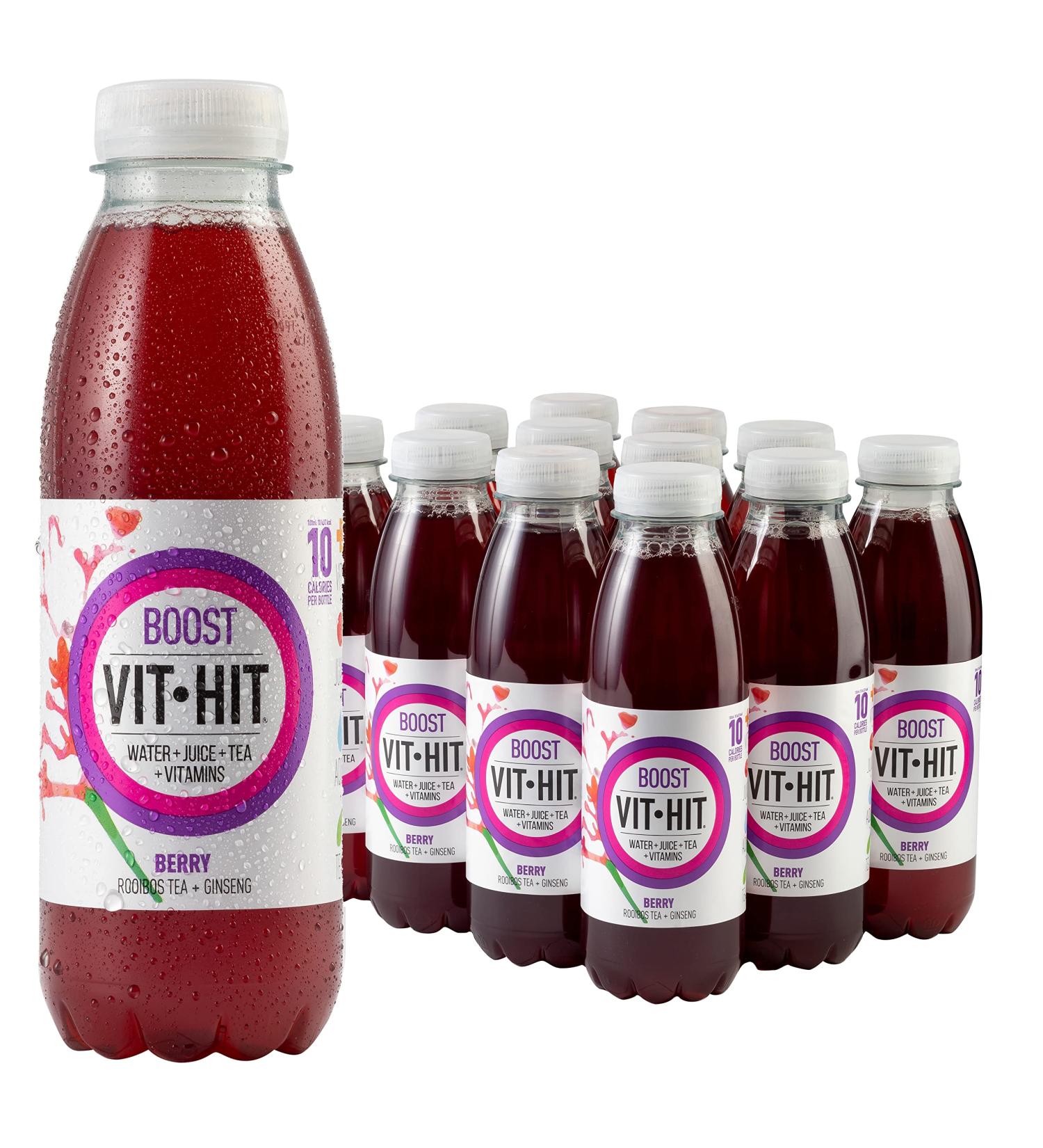 VIT HIT Boost Berry Ginseng Rooibos Tea - 12 x 500ml Bottles | Low Sugar Vegan Vitamin Drink with 100% RDA of 8 Vitamins - Buy Online on GoSupps.com