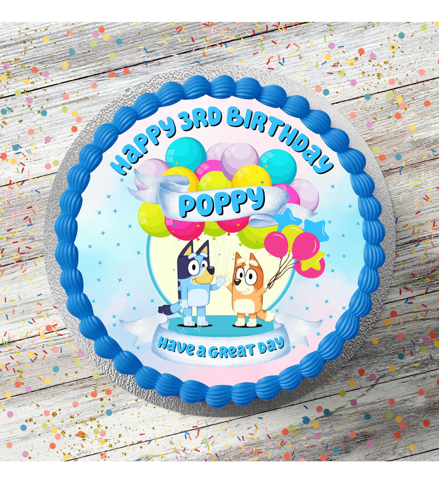 Blue Dog Themed Personalised PRECUT Cake Topper 8 Inch Round Edible Icing Sheet Birthday Cake Decoration