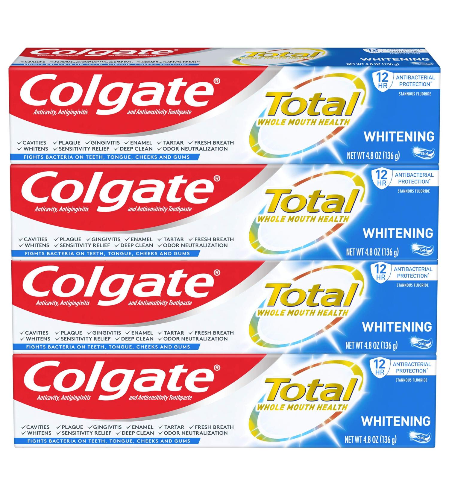 Colgate Total Whitening Toothpaste Gel with Stannous Fluoride and Zinc - Original Whitening Mint - 4 Pack 19.2 Ounce - Buy Online on GoSupps.com